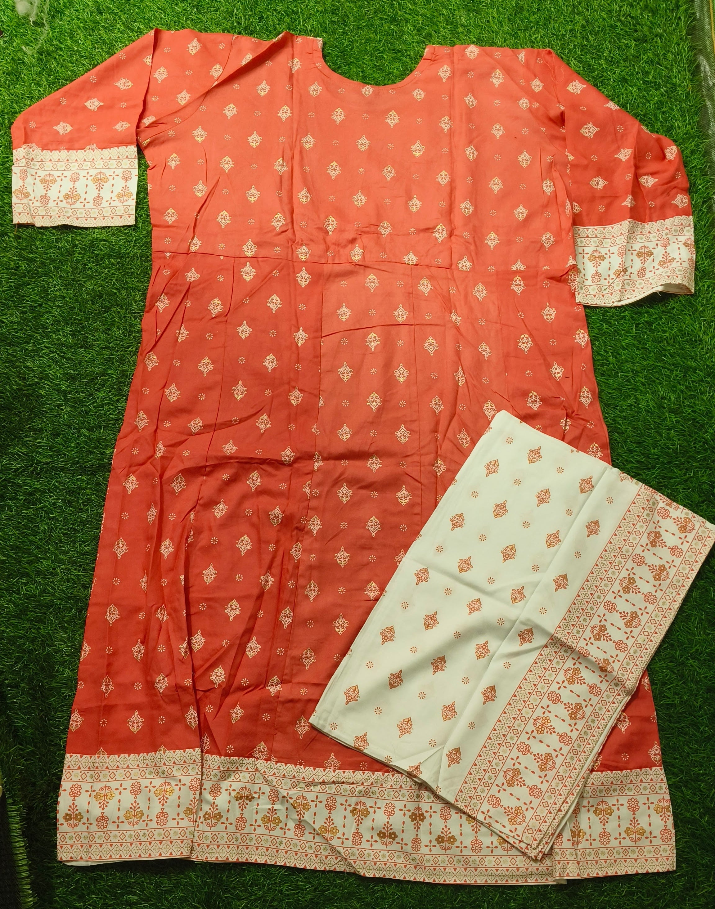 Elegant Coral Pink and White Printed Rayon Top & Dupatta Set