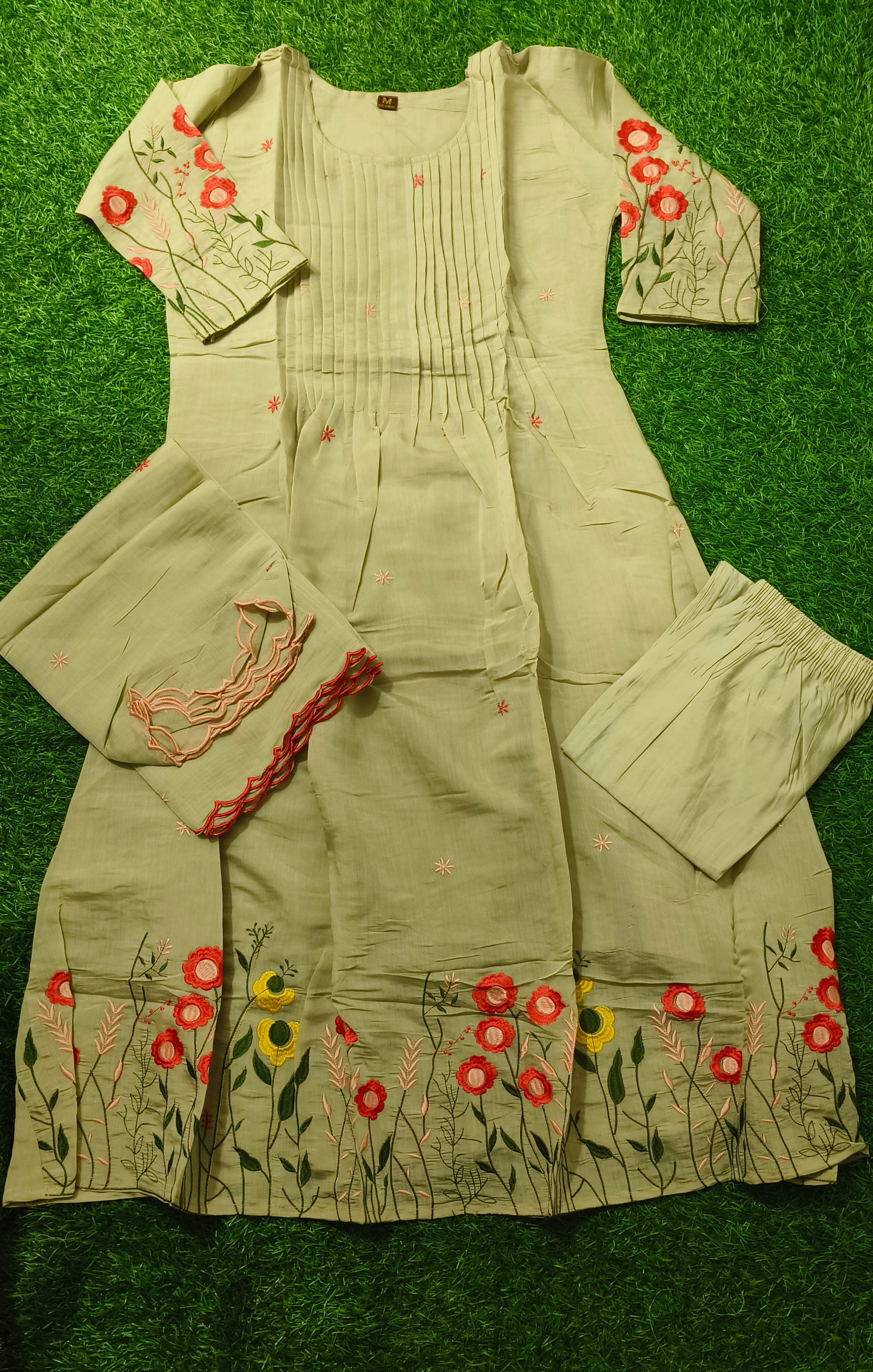 Elegant Light Grey Silk Embroidered 3-Piece Kurti Set