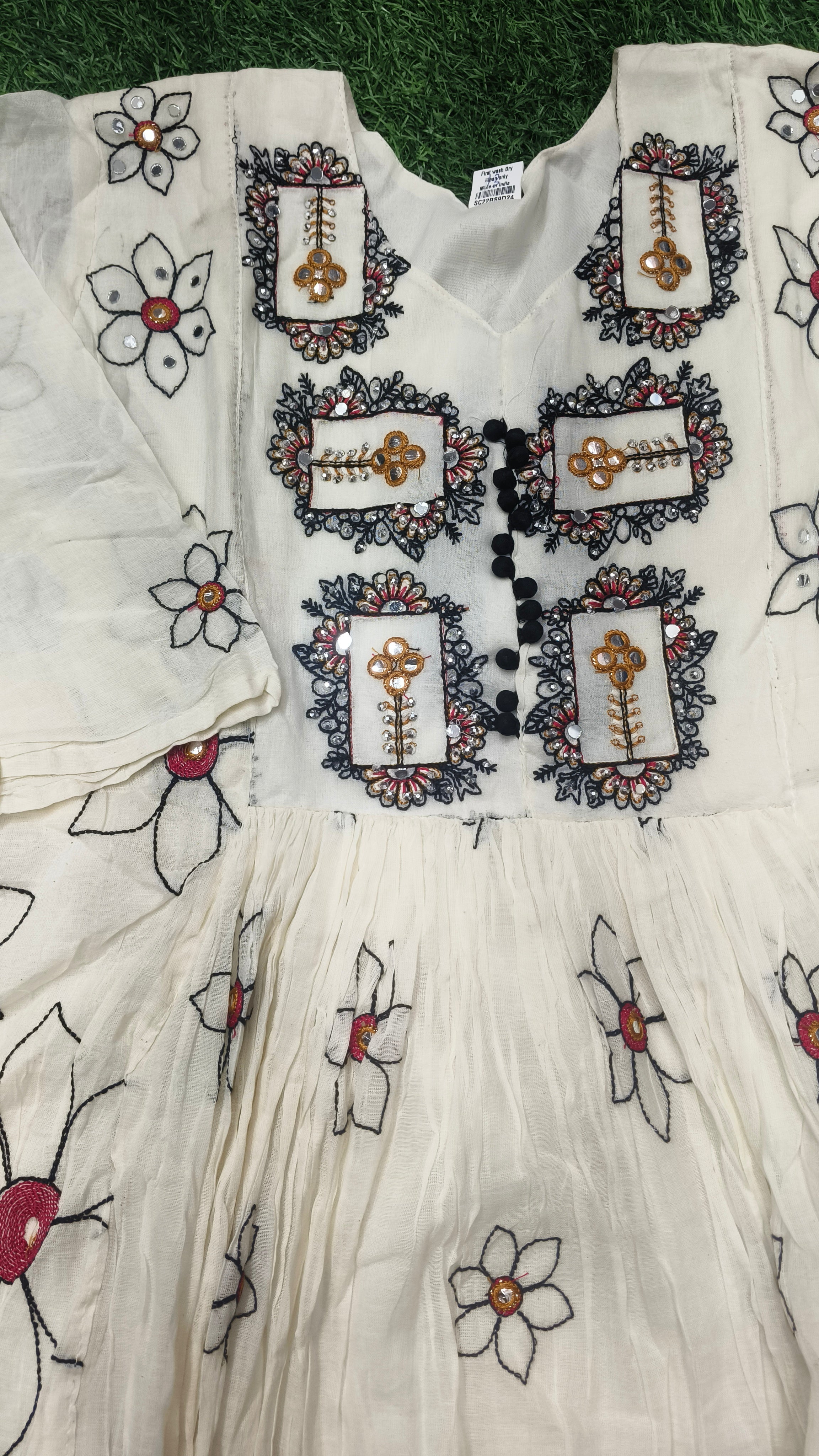 Elegant Off-White Mull Cotton Embroidered Single Piece Kurti