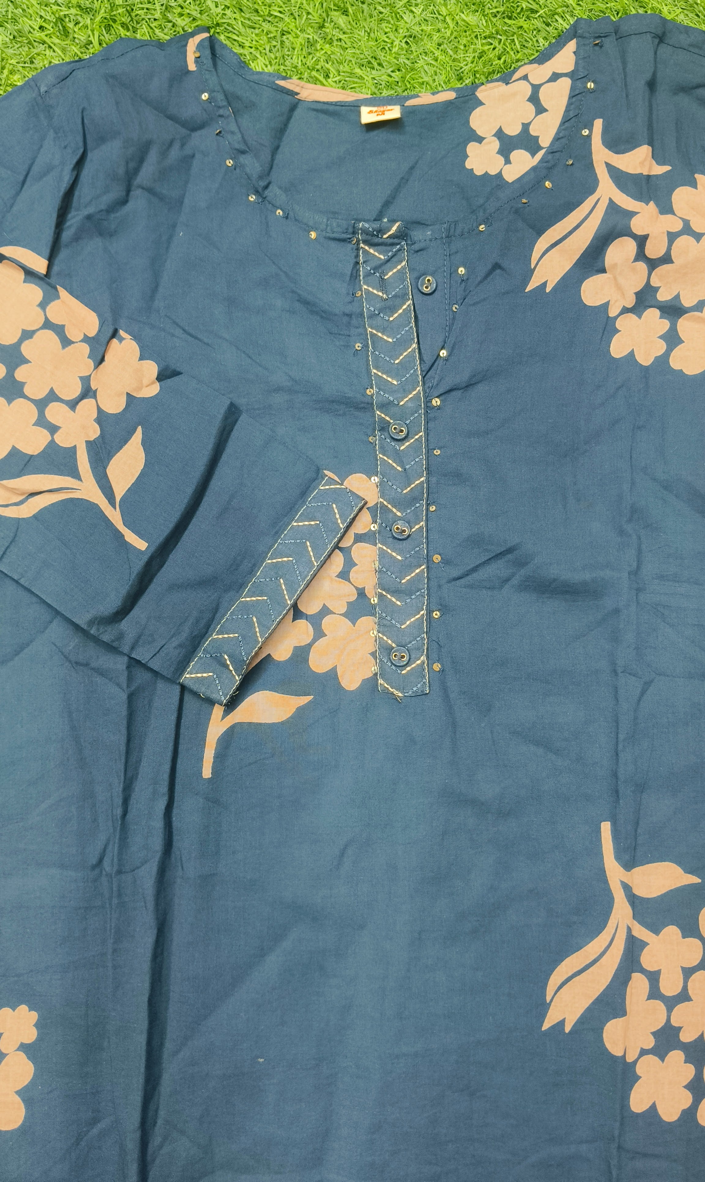 Elegant Navy Blue Floral Print Cotton 2-Piece Kurti Set