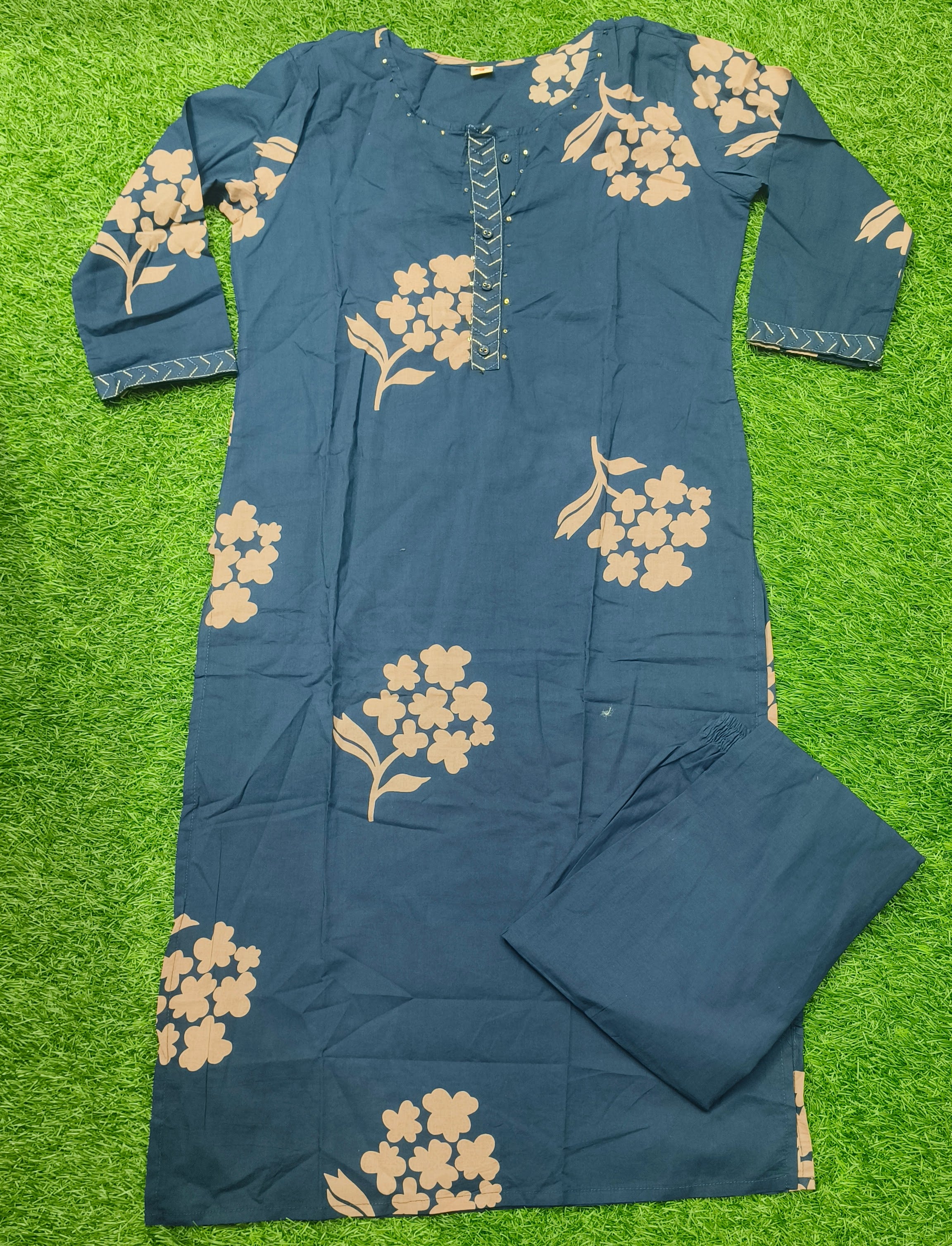Elegant Navy Blue Floral Print Cotton 2-Piece Kurti Set