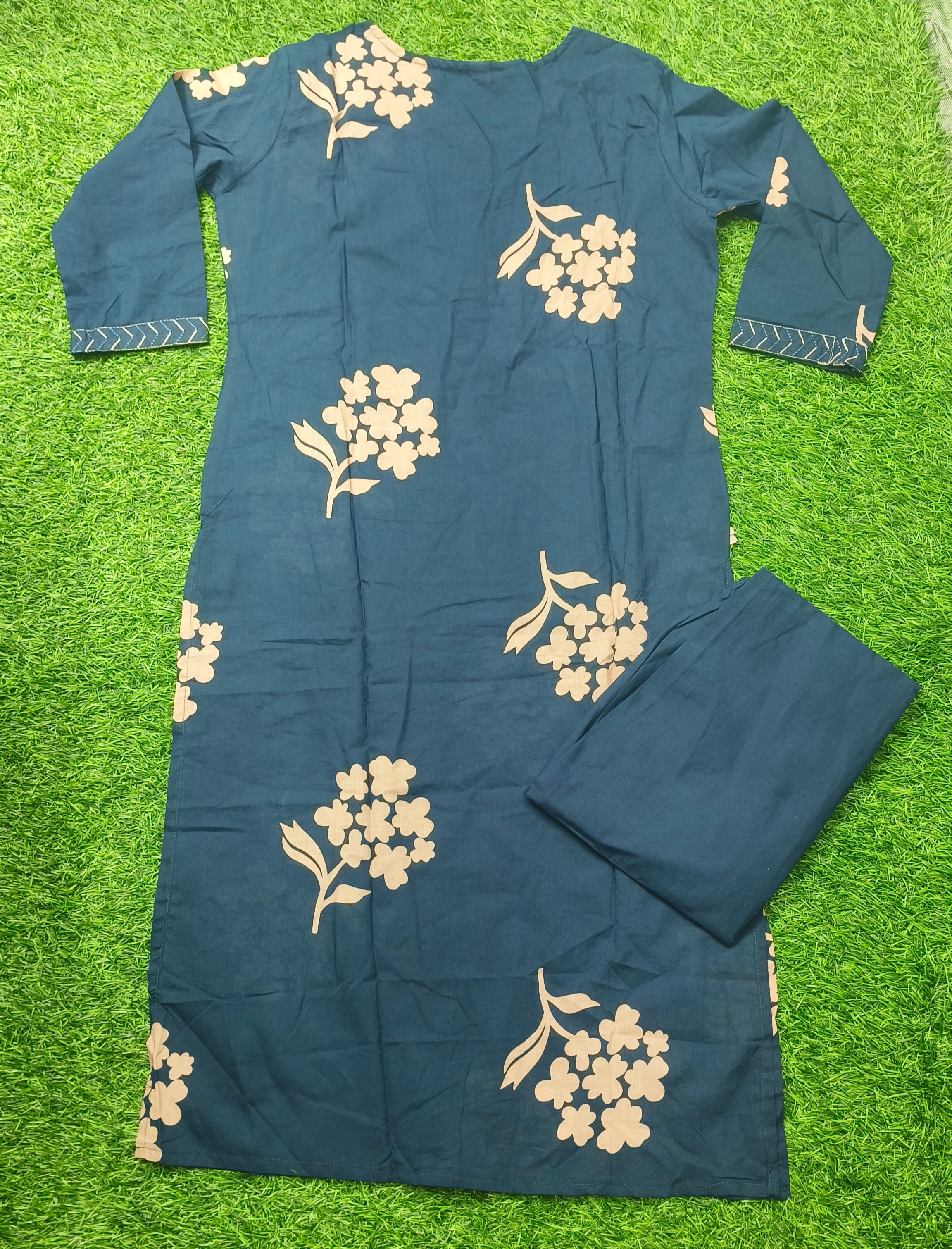 Elegant Navy Blue Floral Print Cotton 2-Piece Kurti Set