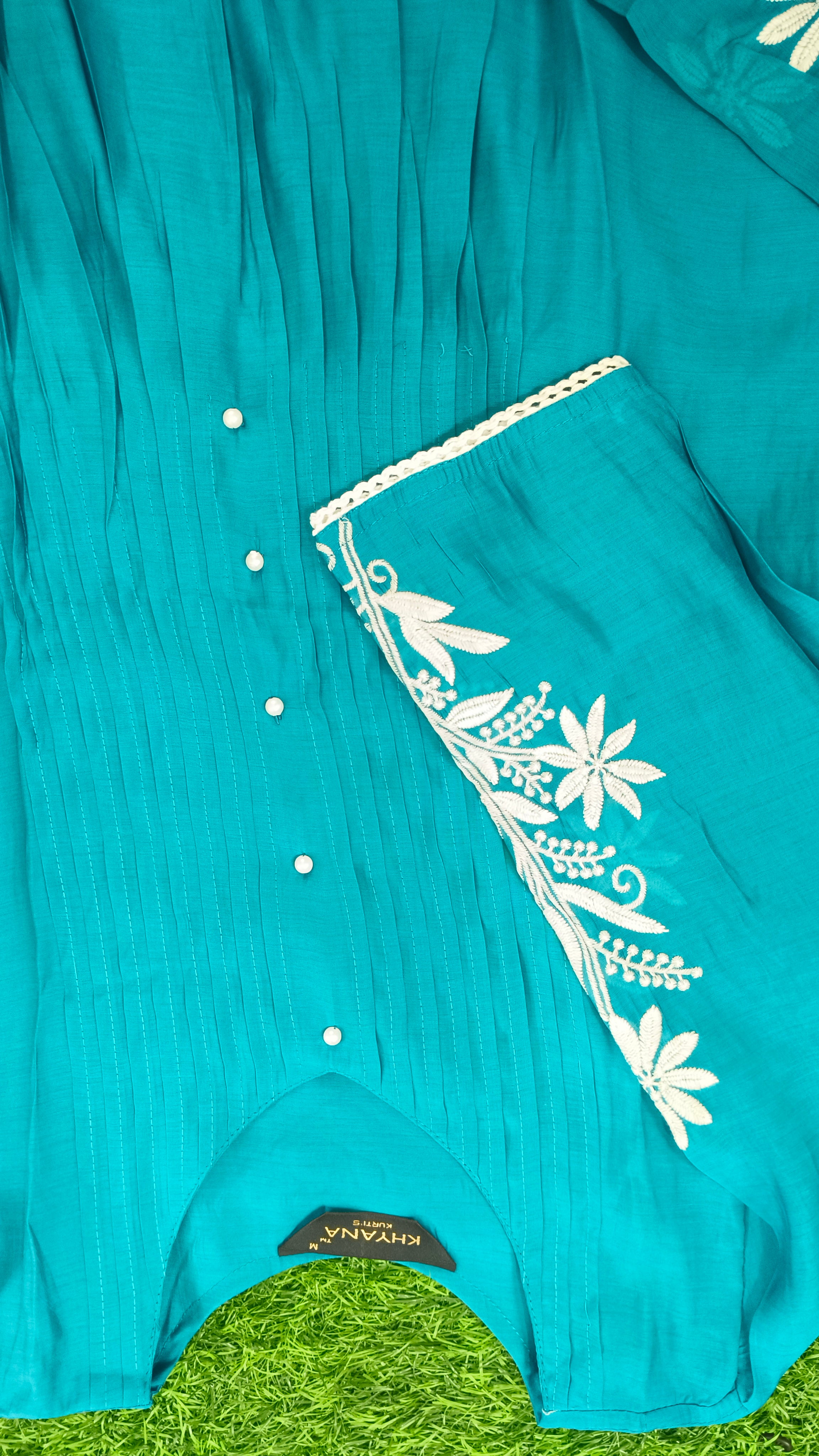 Elegant Teal Blue Mull Chanderi Embroidered 3-Piece Kurti Set