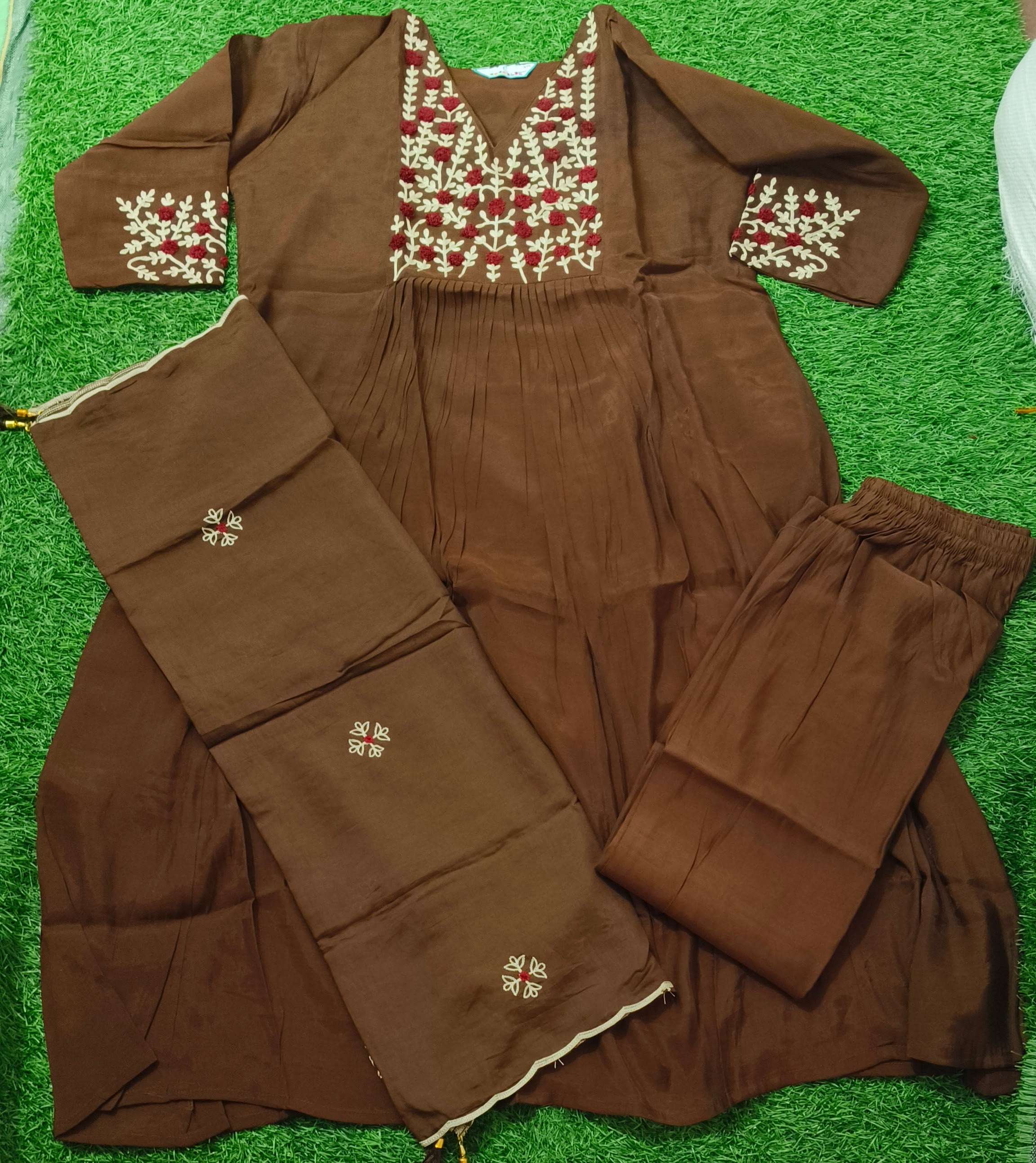 Elegant Dark Brown Embroidered Rayon 3-Piece Kurti Set