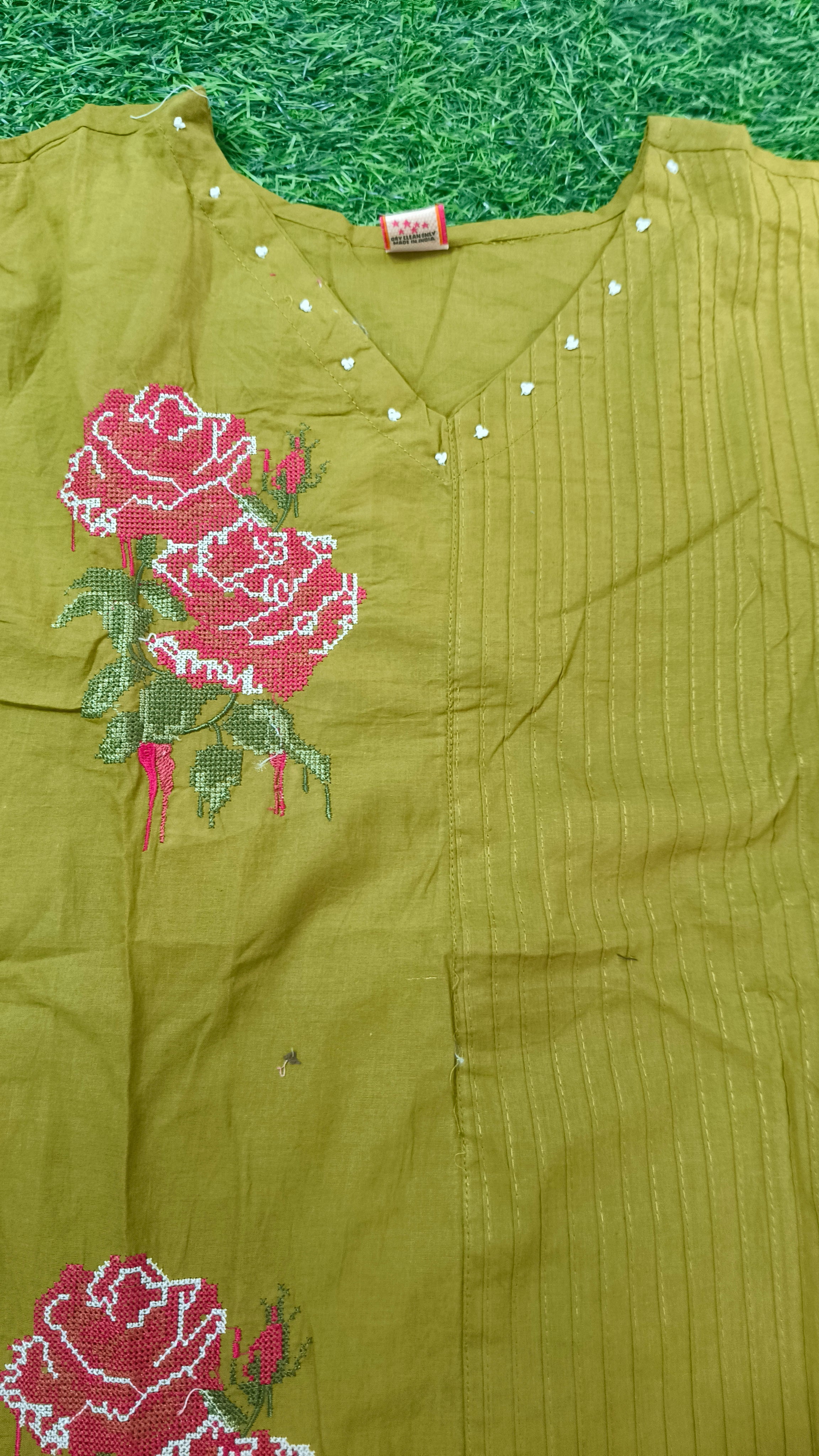 Elegant Olive Green Floral Embroidered Cotton 3-Piece Kurthi Set