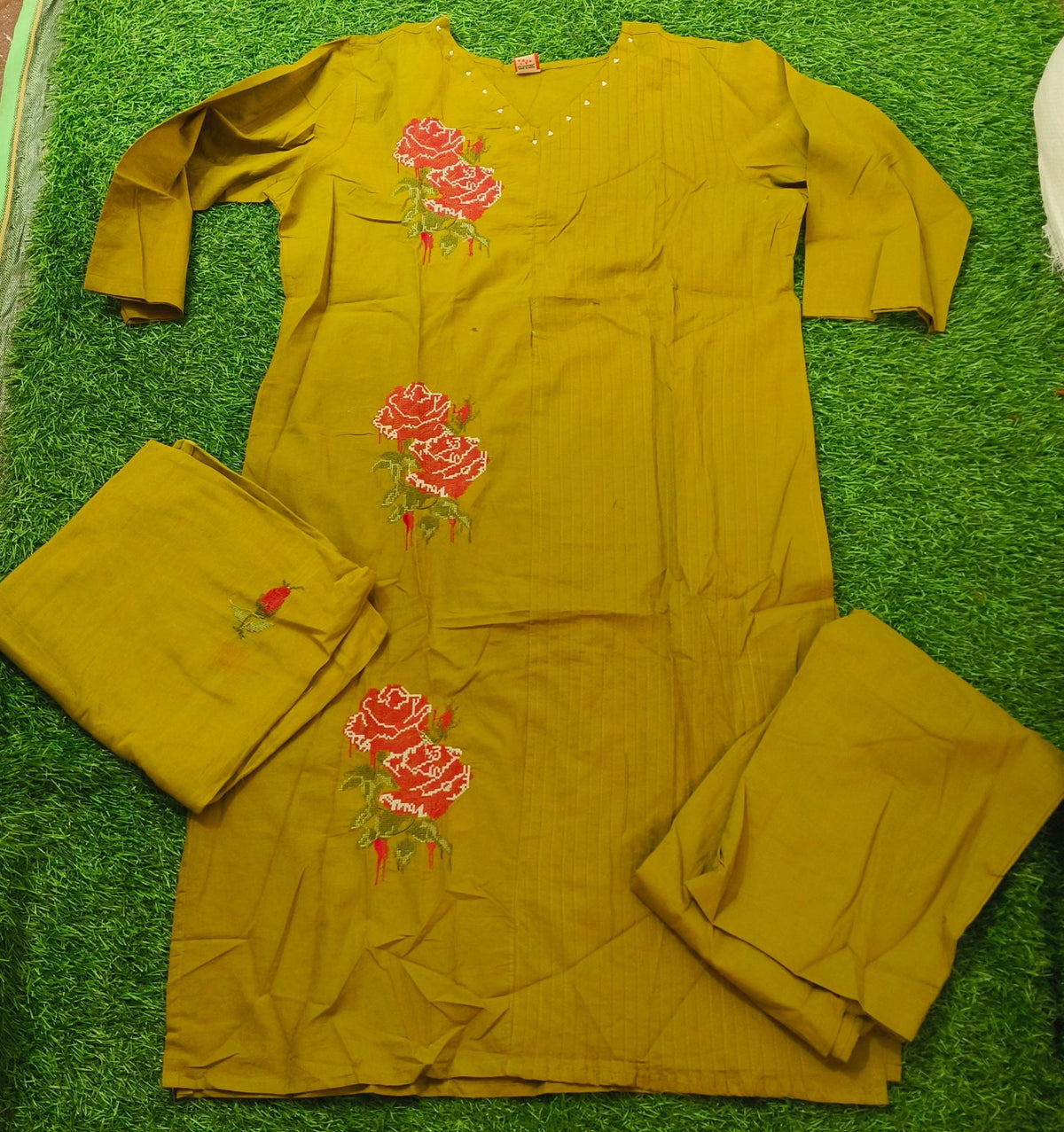 Elegant Olive Green Floral Embroidered Cotton 3-Piece Kurthi Set