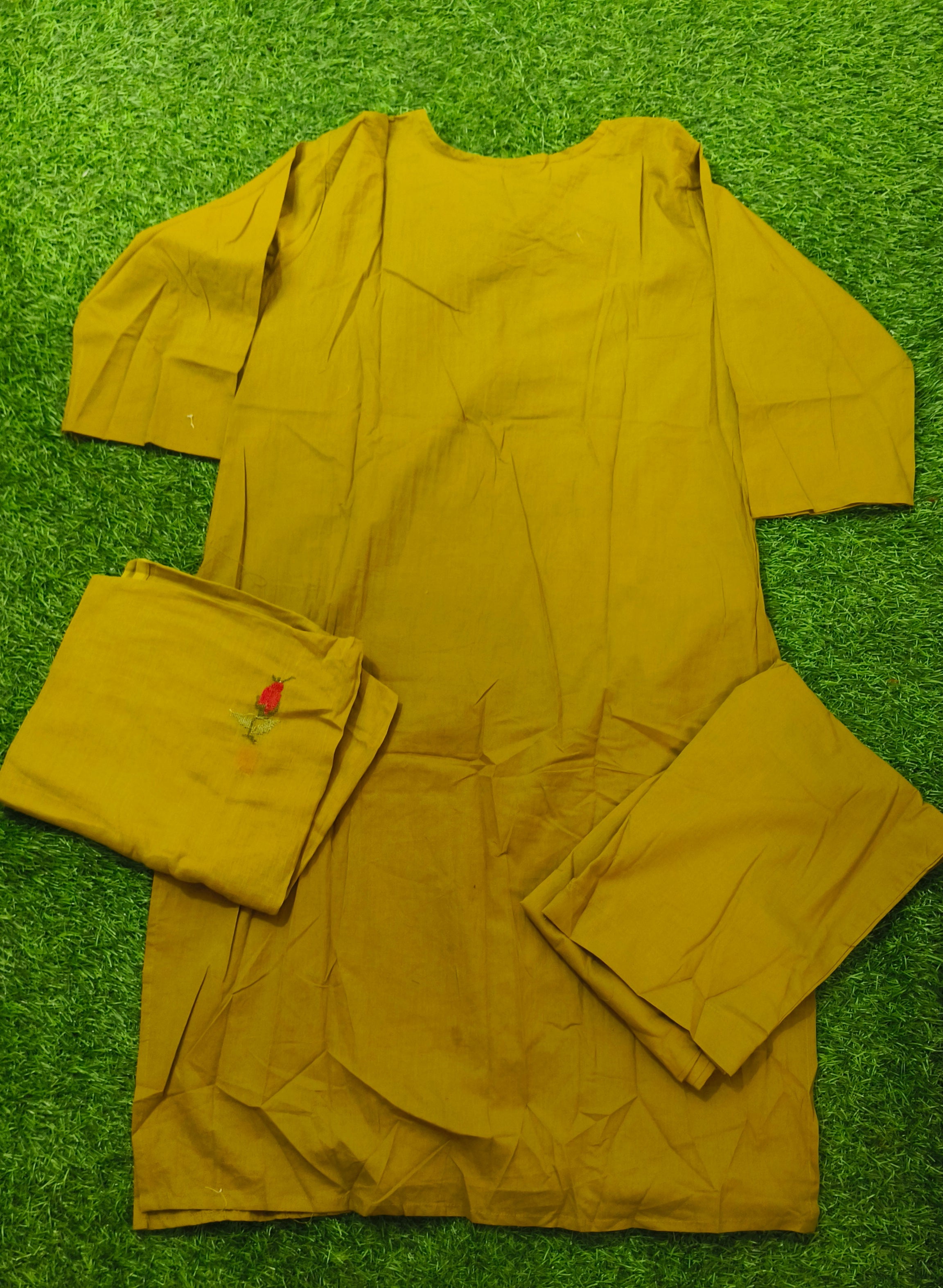 Elegant Olive Green Floral Embroidered Cotton 3-Piece Kurthi Set