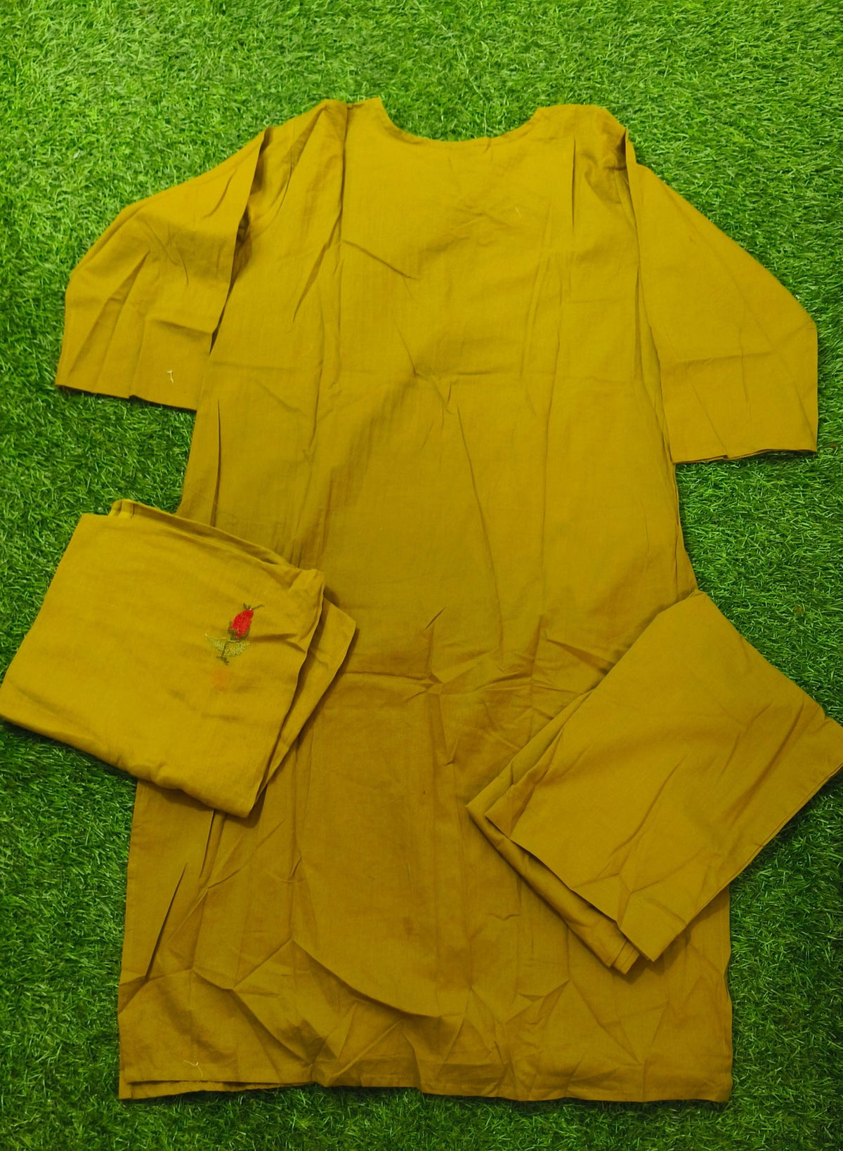 Elegant Olive Green Floral Embroidered Cotton 3-Piece Kurthi Set