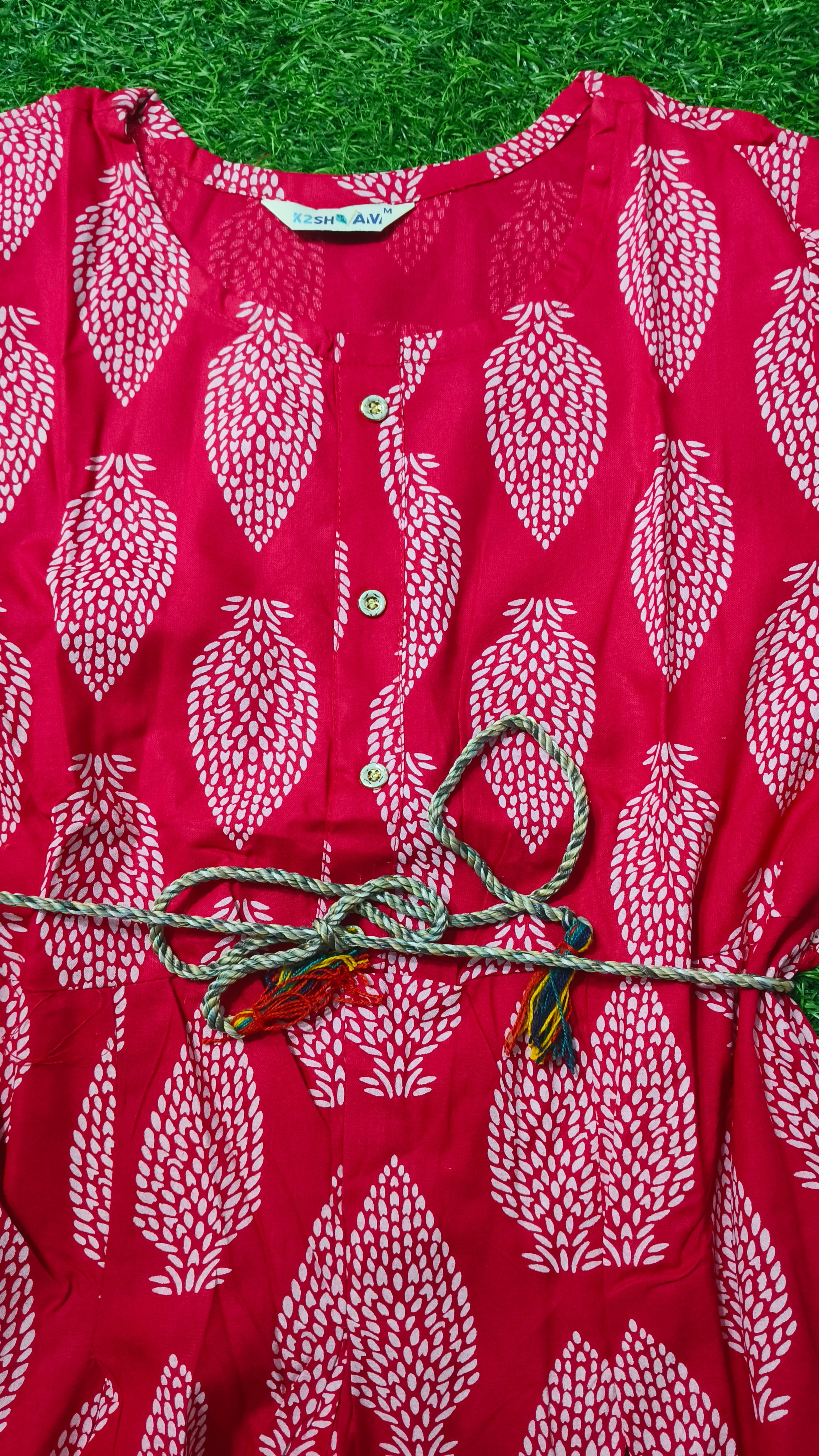 Elegant Bright Pink and WhitePrinted Single Piece Kurti with Front Buttons and Waist Tie