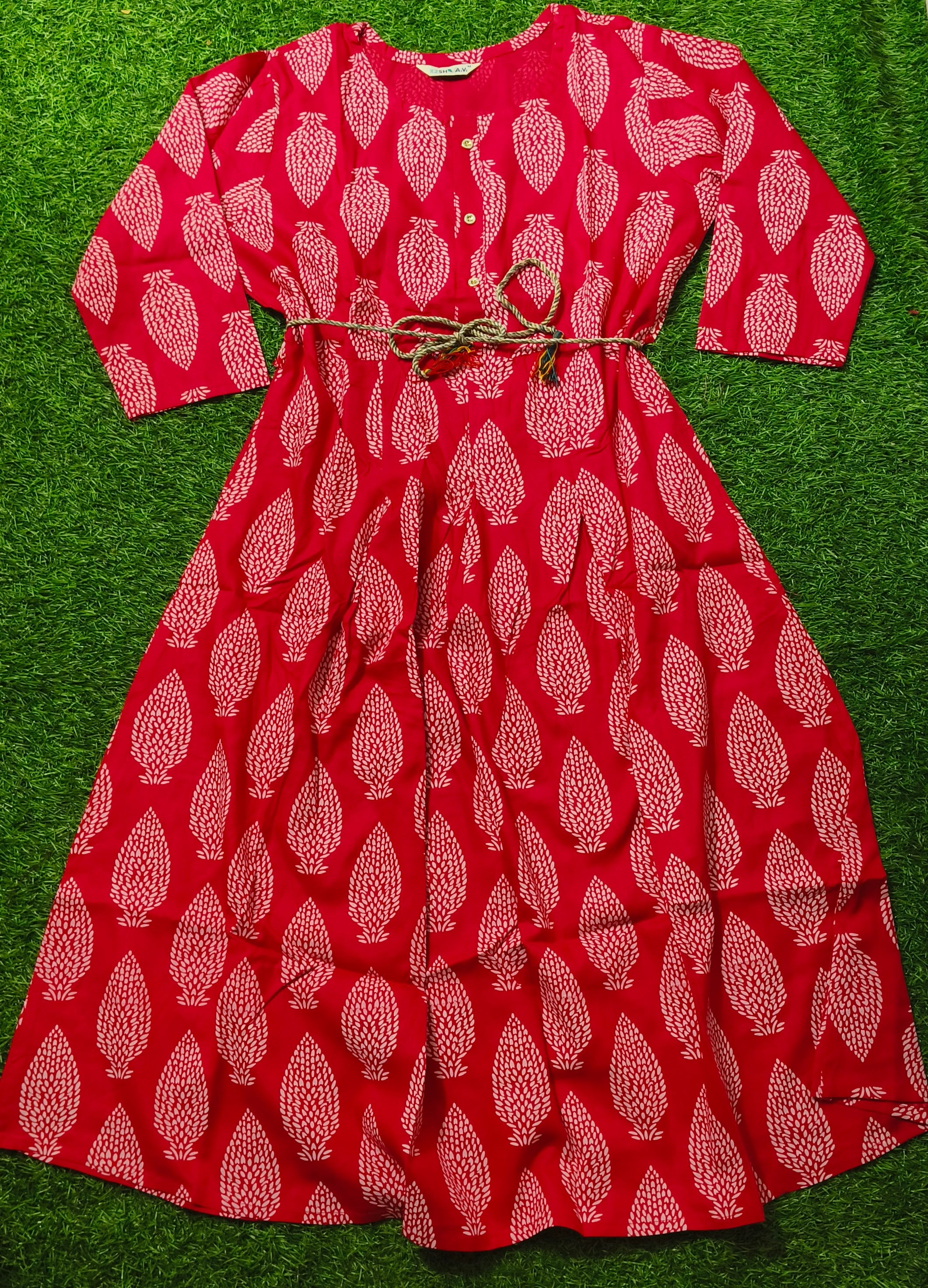 Elegant Bright Pink and WhitePrinted Single Piece Kurti with Front Buttons and Waist Tie