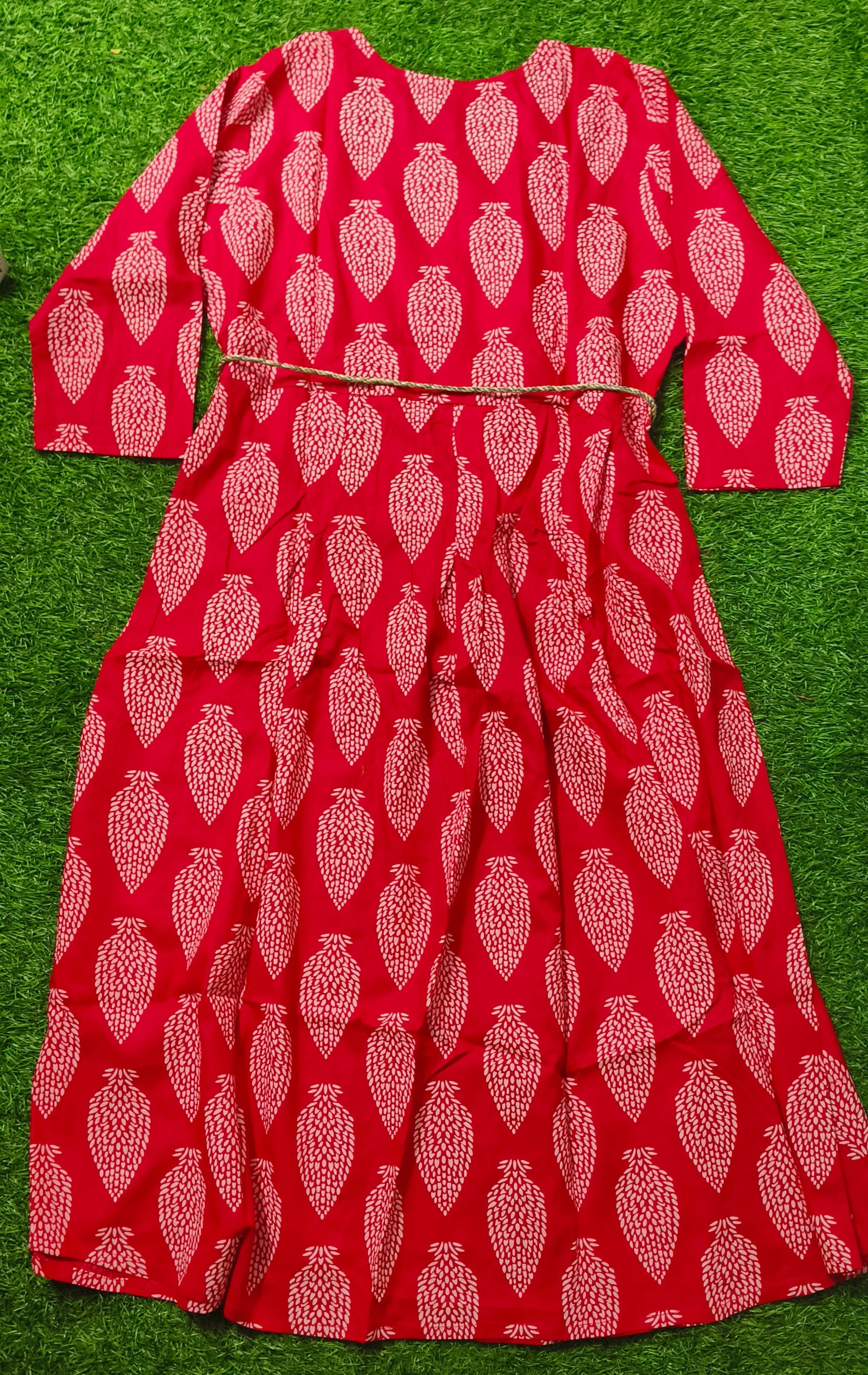 Elegant Bright Pink and WhitePrinted Single Piece Kurti with Front Buttons and Waist Tie