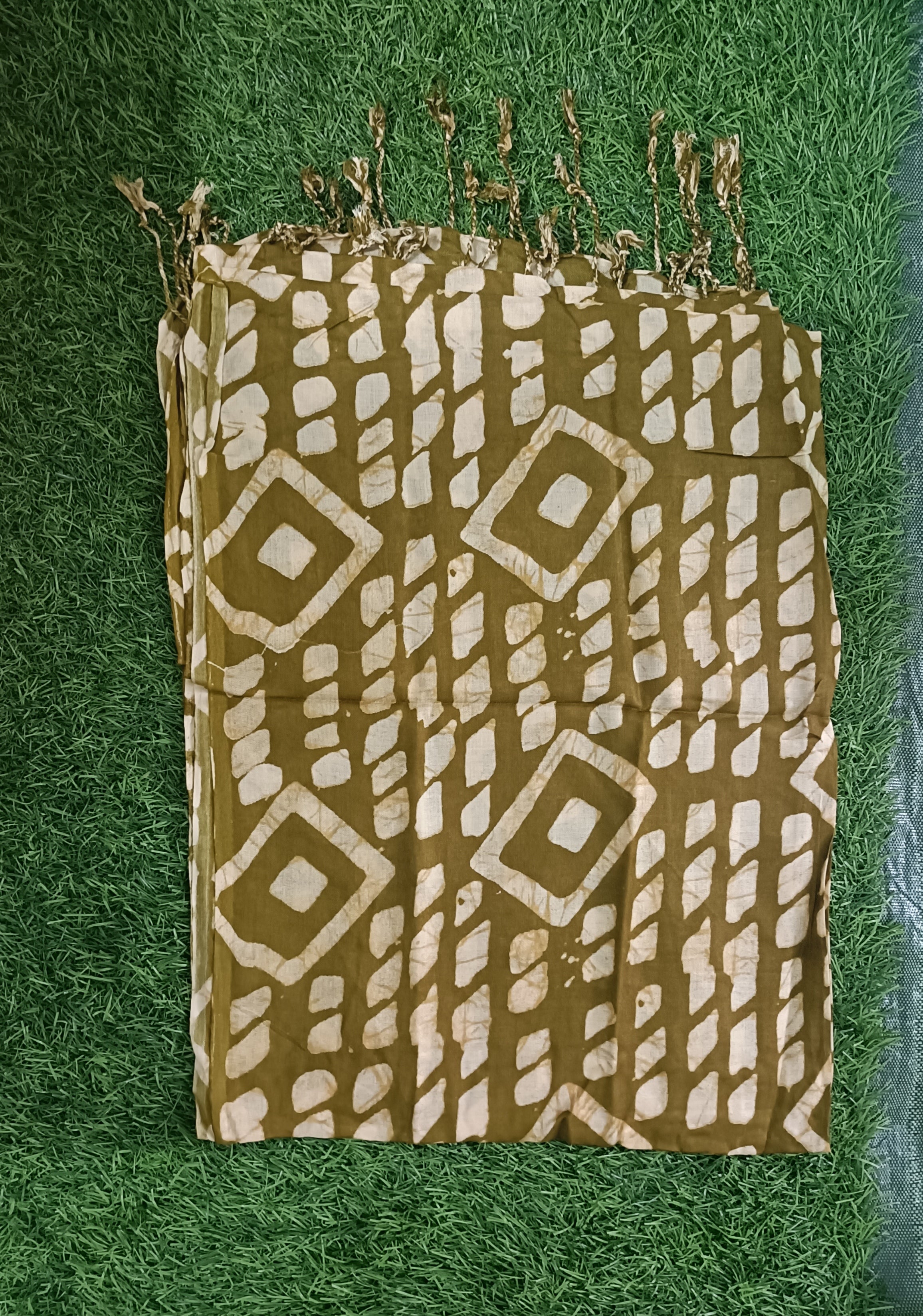 Classic Olive green and White Floral Printed Stole with Fringe Accents