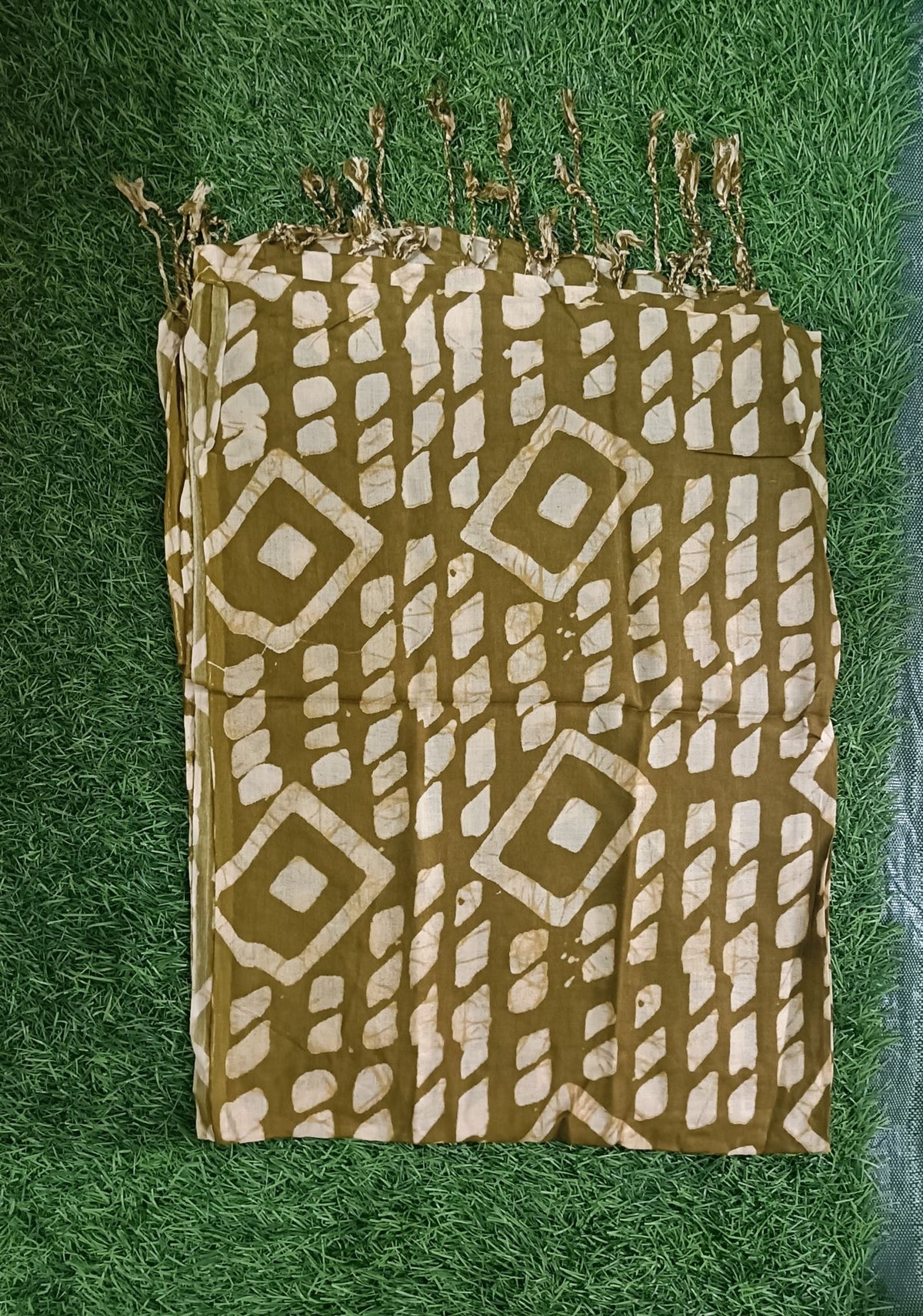 Classic Olive green and White Floral Printed Stole with Fringe Accents