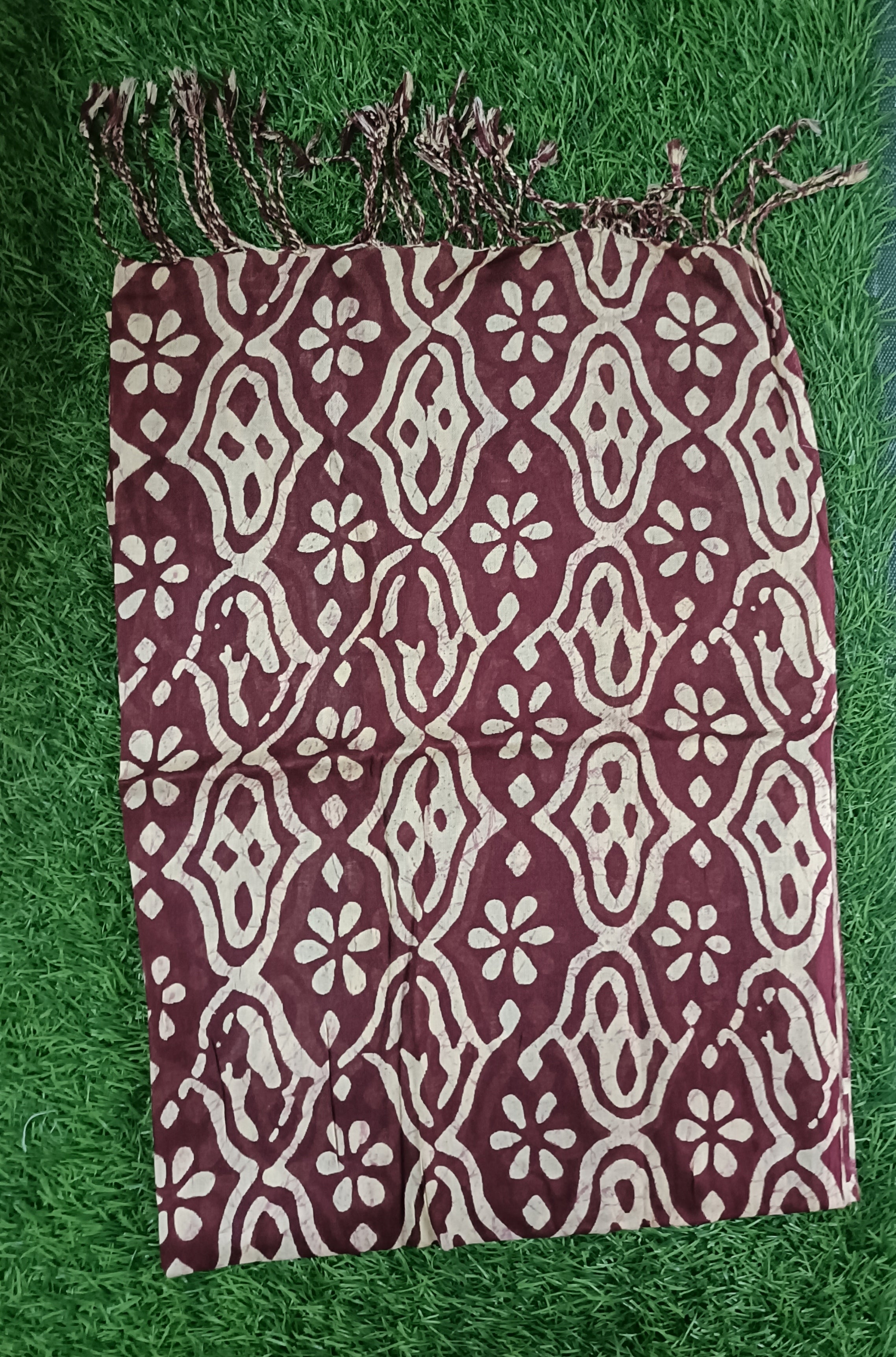 Classic Rust Brown and White Floral Printed Stole with Fringe Accents