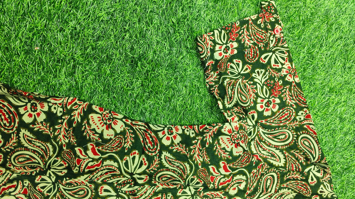 Women's Premium Forest Green Cotton Paisley Floral Print 2-Piece KurtiSet with Chinese Collar, Front Open Buttons, A-Line Princess Cut Top & Straight Pant