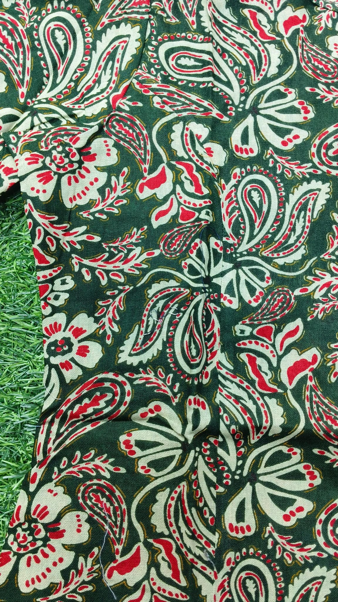 Women's Premium Forest Green Cotton Paisley Floral Print 2-Piece KurtiSet with Chinese Collar, Front Open Buttons, A-Line Princess Cut Top & Straight Pant