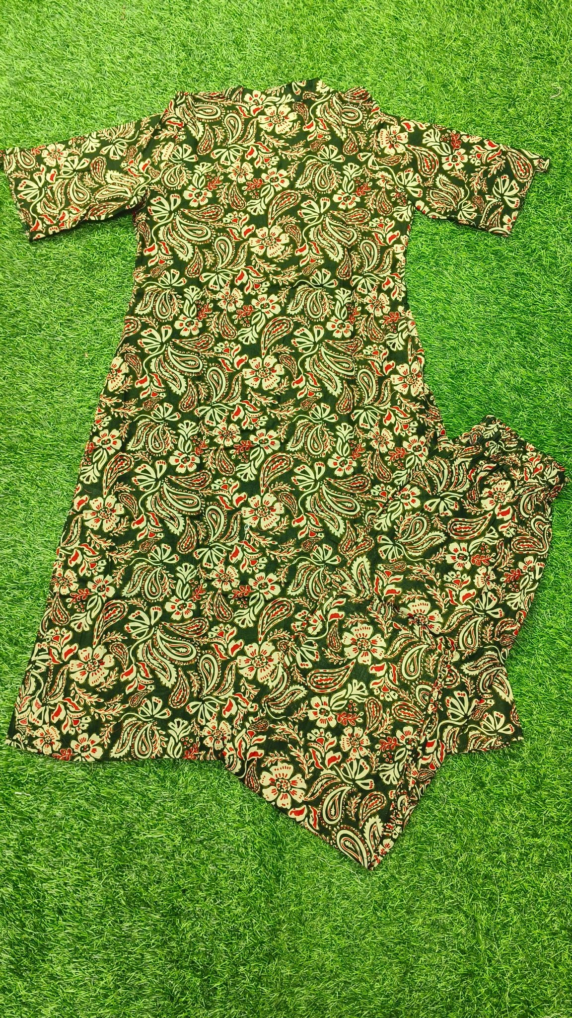 Women's Premium Forest Green Cotton Paisley Floral Print 2-Piece KurtiSet with Chinese Collar, Front Open Buttons, A-Line Princess Cut Top & Straight Pant