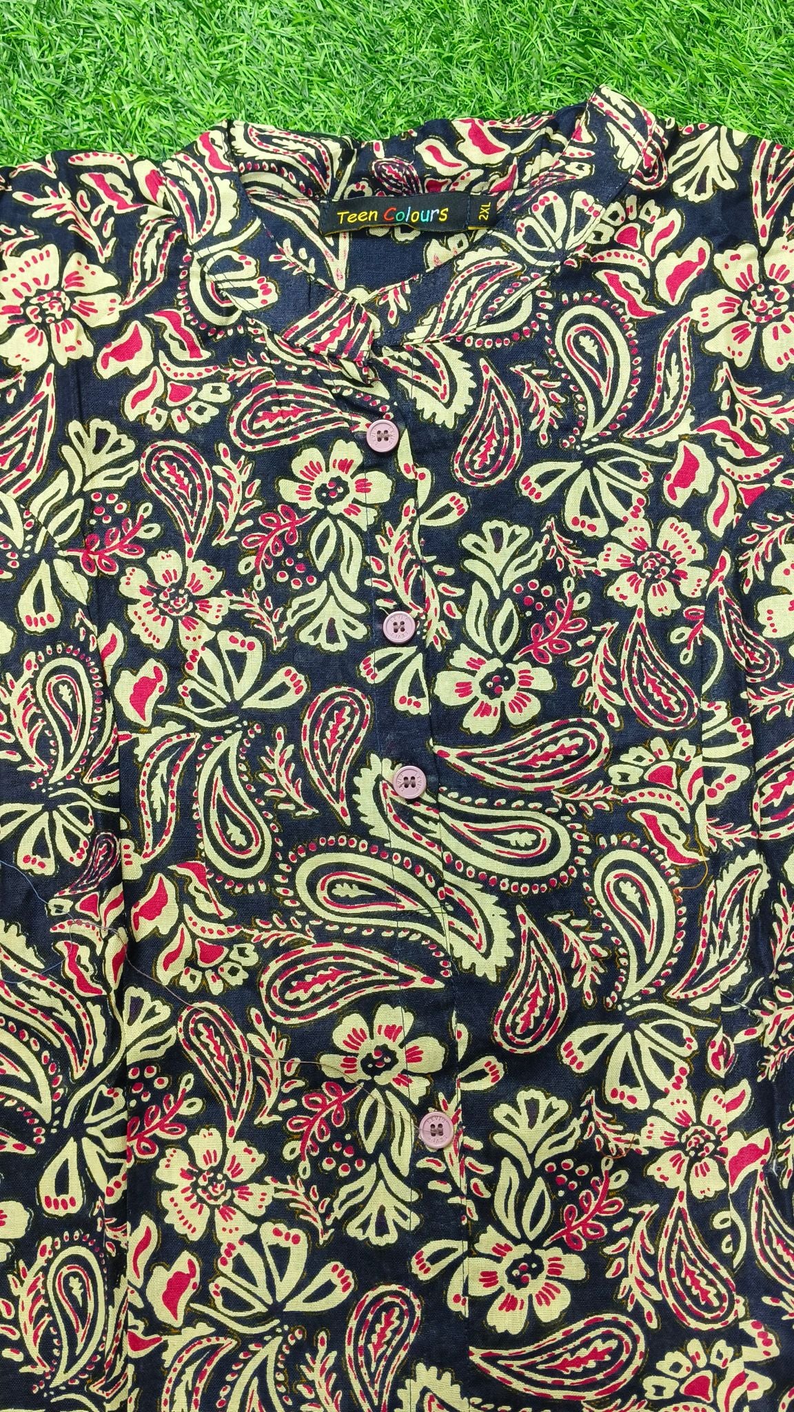 Women's Premium Navy Blue Cotton Paisley Floral Print 2-Piece KurtiSet with Chinese Collar, Front Open Buttons, A-Line Princess Cut Top & Straight Pant