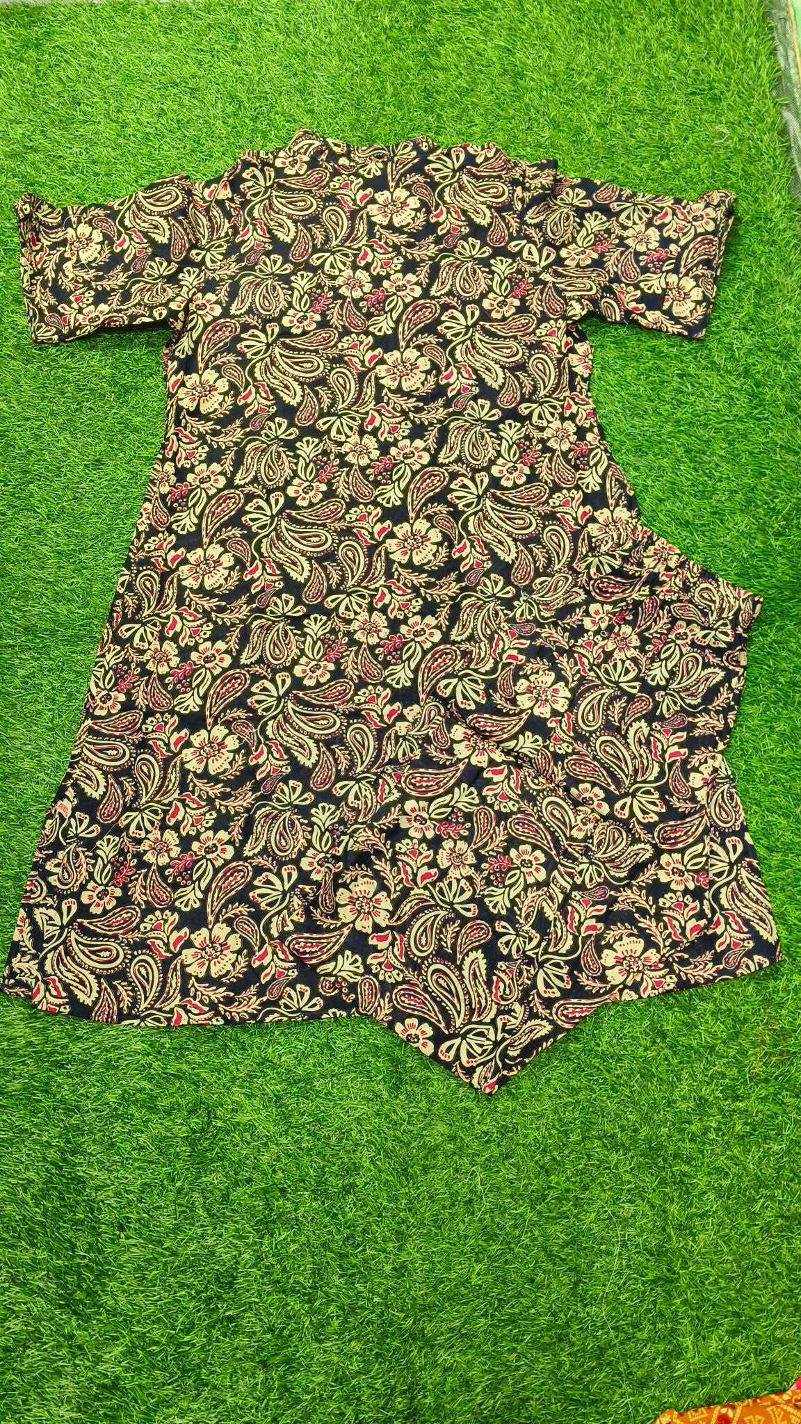 Women's Premium Navy Blue Cotton Paisley Floral Print 2-Piece KurtiSet with Chinese Collar, Front Open Buttons, A-Line Princess Cut Top & Straight Pant