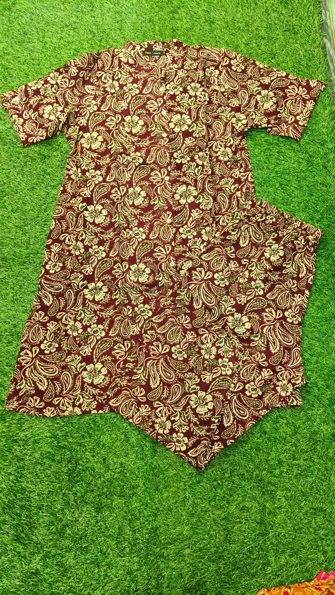 Women's Premium Wine red Cotton Floral Print Elastic Waist Night Suit with Side Slit Top & Straight Pant