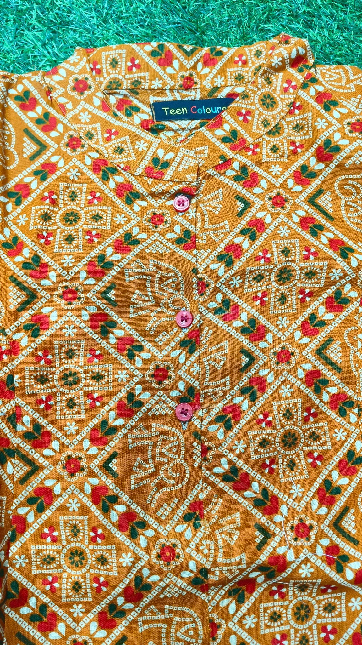 Women's Premium Mustard Brown Cotton Geometric Ethnic Print 2-Piece KurtiSet with Chinese Collar, Front Open Buttons, A-Line Princess Cut Top & Straight Pant