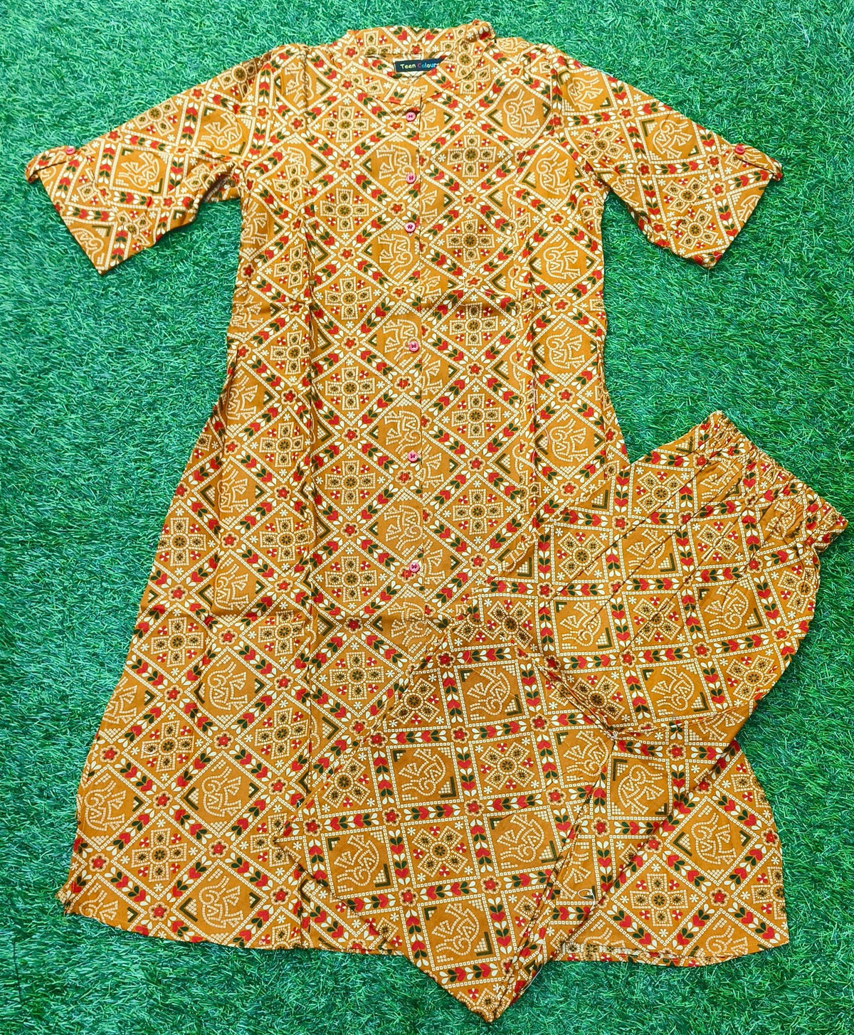 Women's Premium Mustard Brown Cotton Geometric Ethnic Print 2-Piece KurtiSet with Chinese Collar, Front Open Buttons, A-Line Princess Cut Top & Straight Pant