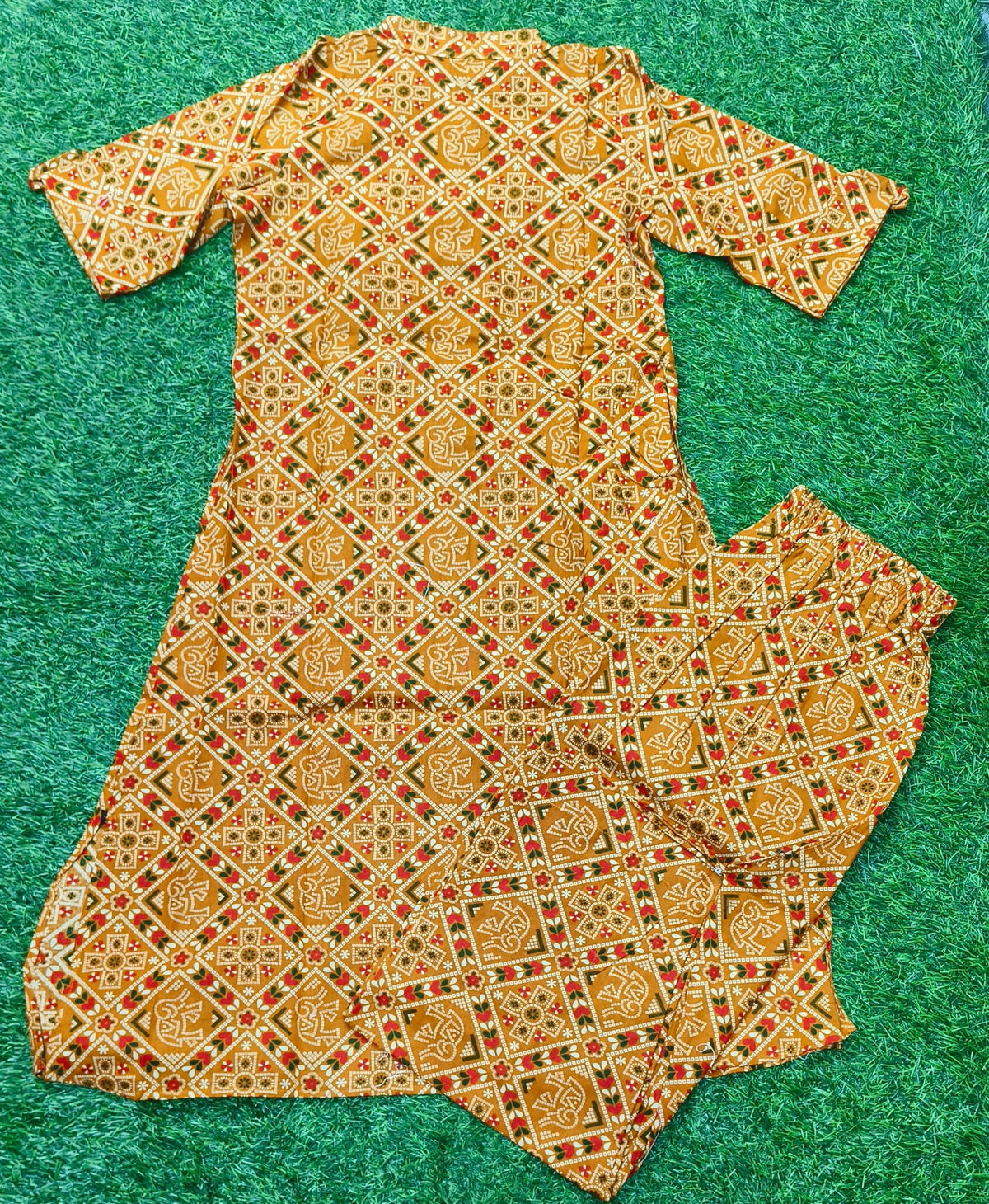 Women's Premium Mustard Brown Cotton Geometric Ethnic Print 2-Piece KurtiSet with Chinese Collar, Front Open Buttons, A-Line Princess Cut Top & Straight Pant
