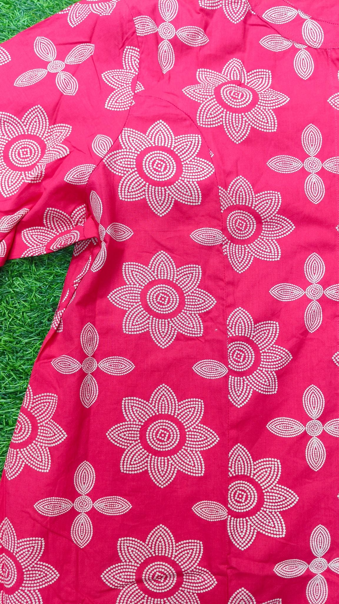 Women's Premium Rani Pink Cotton Floral Print 2-Piece KurtiSet with Chinese Collar, Front Open Buttons, A-Line Princess Cut Top & Straight Pant