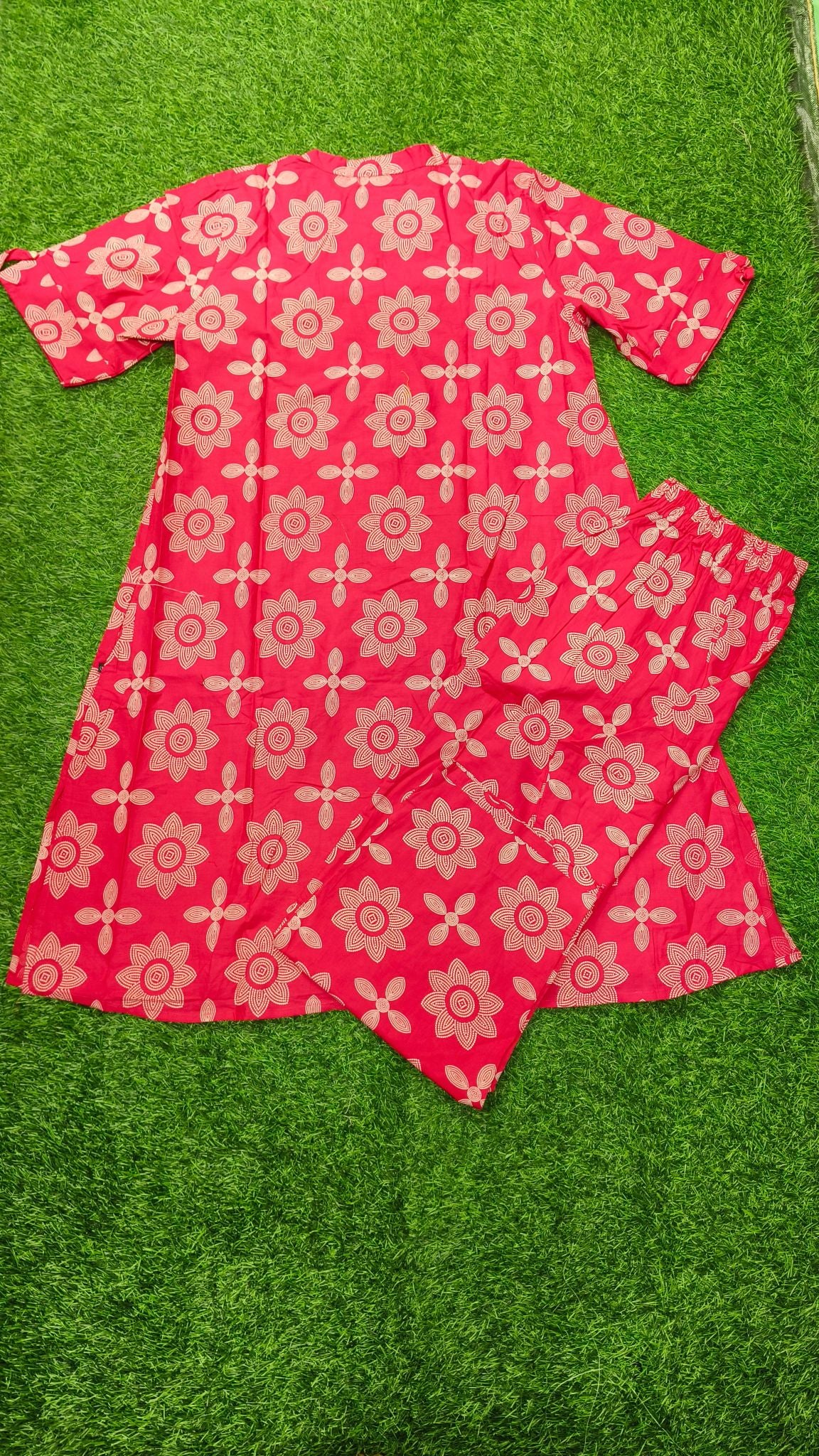 Women's Premium Rani Pink Cotton Floral Print 2-Piece KurtiSet with Chinese Collar, Front Open Buttons, A-Line Princess Cut Top & Straight Pant