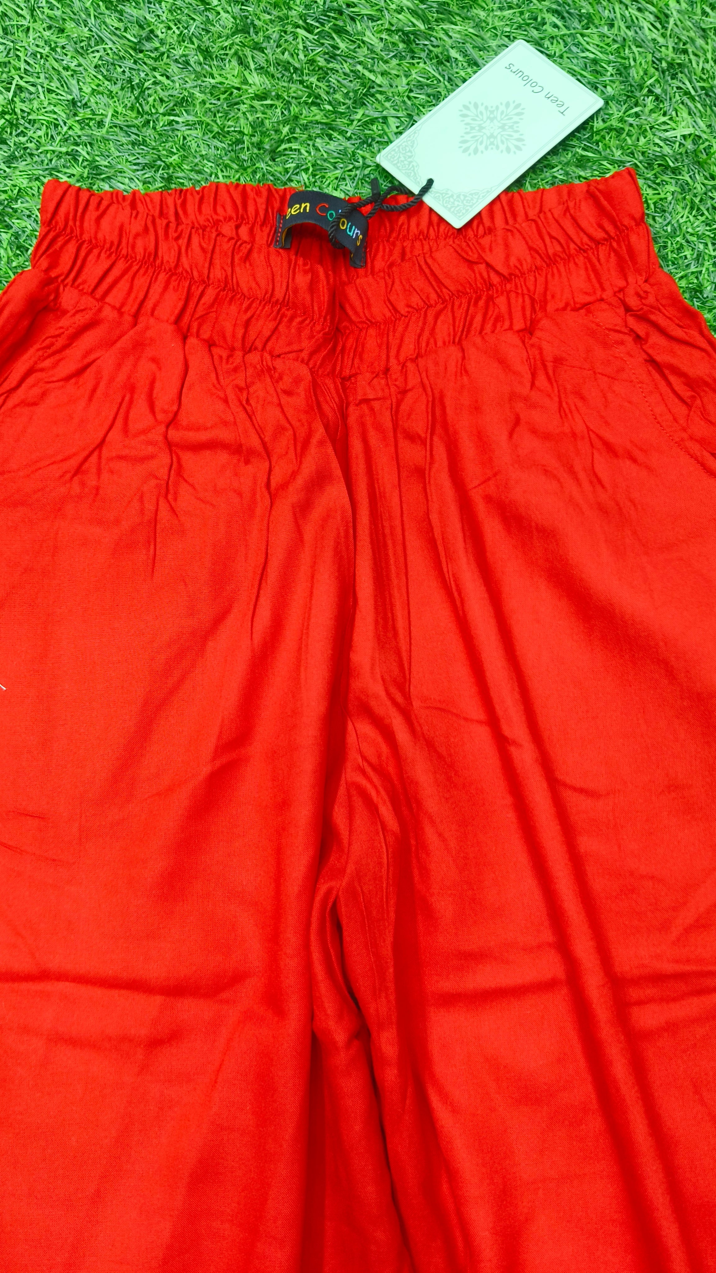 Red Solid Wide-Leg Palazzo with Pockets
