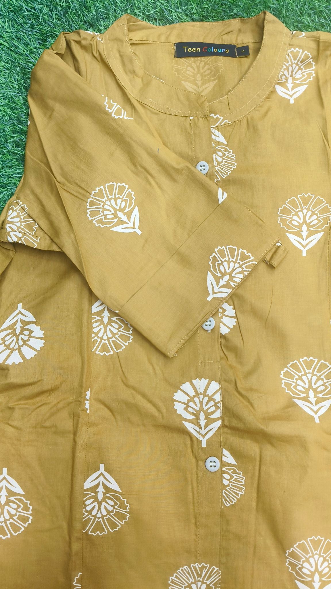 Women's Premium Mustard Yellow Cotton Floral Print 2-Piece KurtiSet with Chinese Collar, Front Open Buttons, A-Line Princess Cut Top & Straight Pant