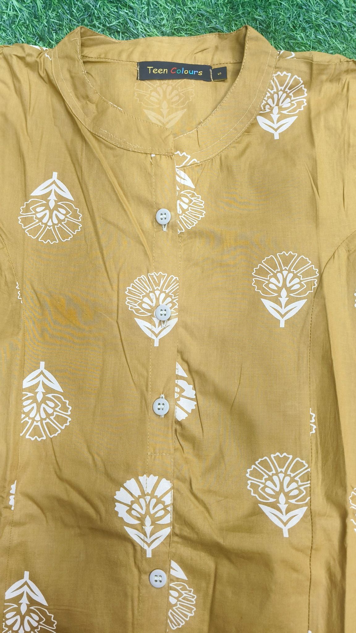 Women's Premium Mustard Yellow Cotton Floral Print 2-Piece KurtiSet with Chinese Collar, Front Open Buttons, A-Line Princess Cut Top & Straight Pant