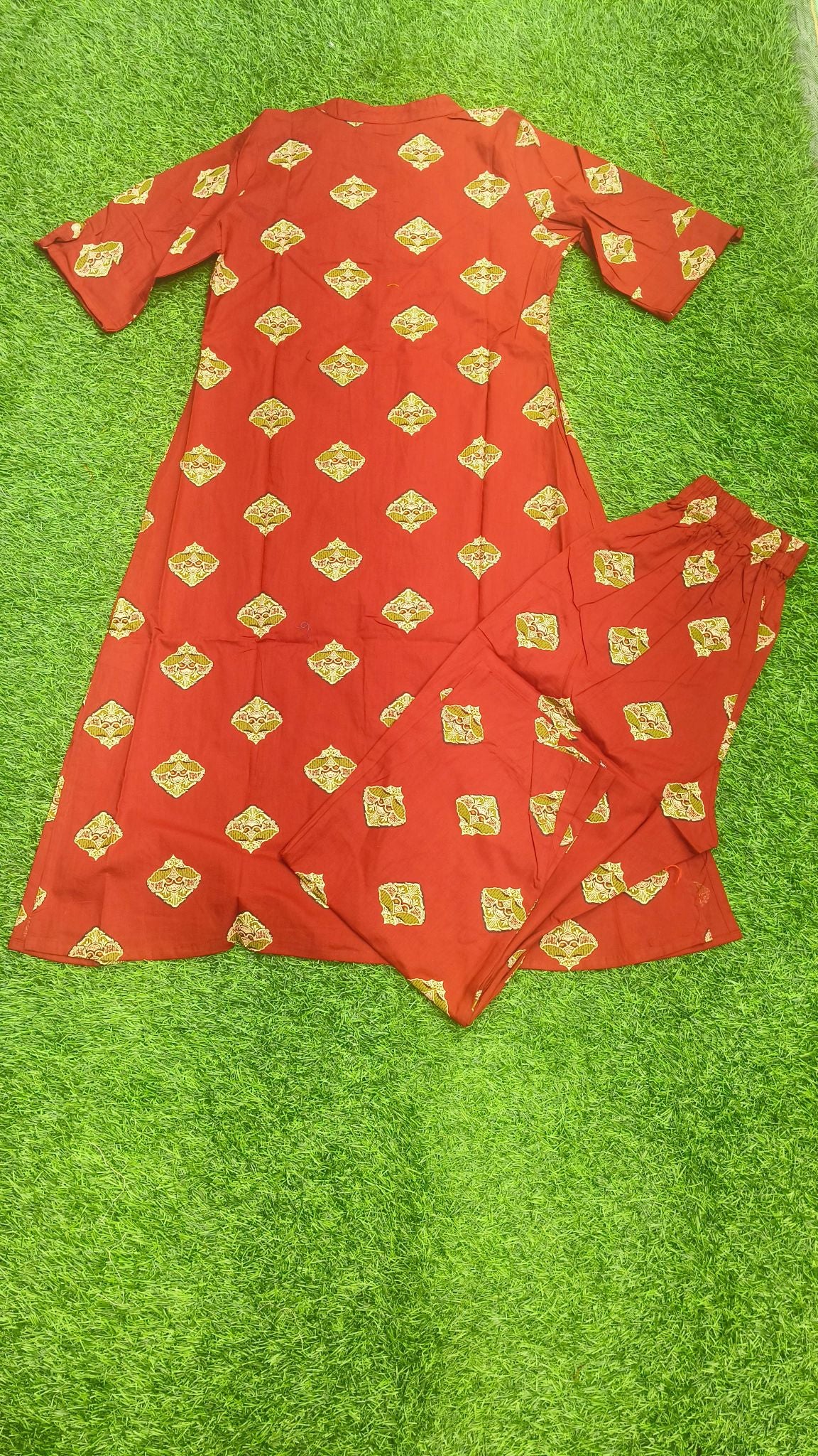 Women's Premium Maroon Red Cotton Printed 2-Piece KurtiSet with Chinese Collar, Front Open Buttons, A-Line Princess Cut Top & Straight Pant