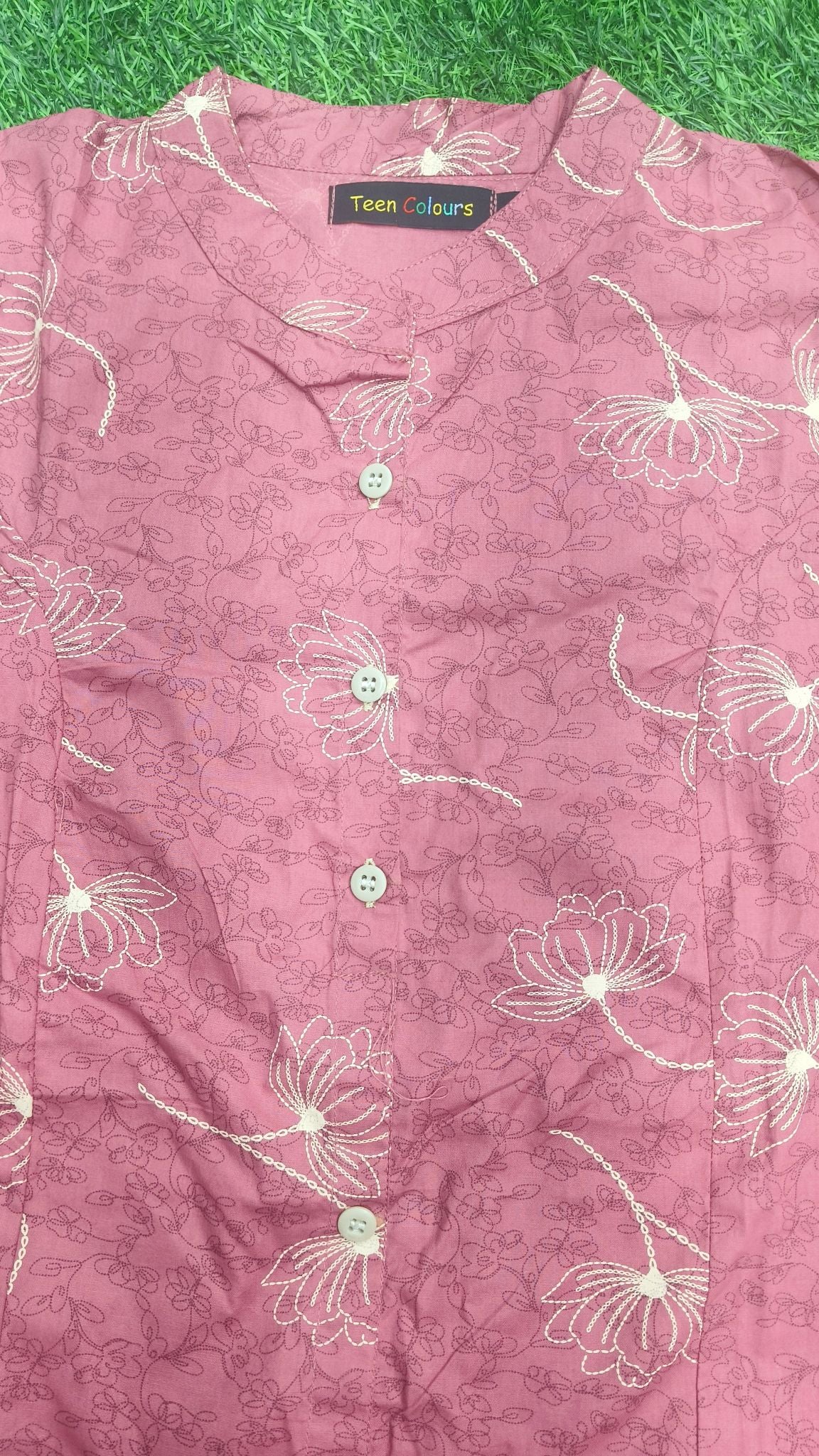 Women's Premium Dusty Pink Cotton Floral Print 2-Piece KurtiSet with Chinese Collar, Front Open Buttons, A-Line Princess Cut Top & Straight Pant