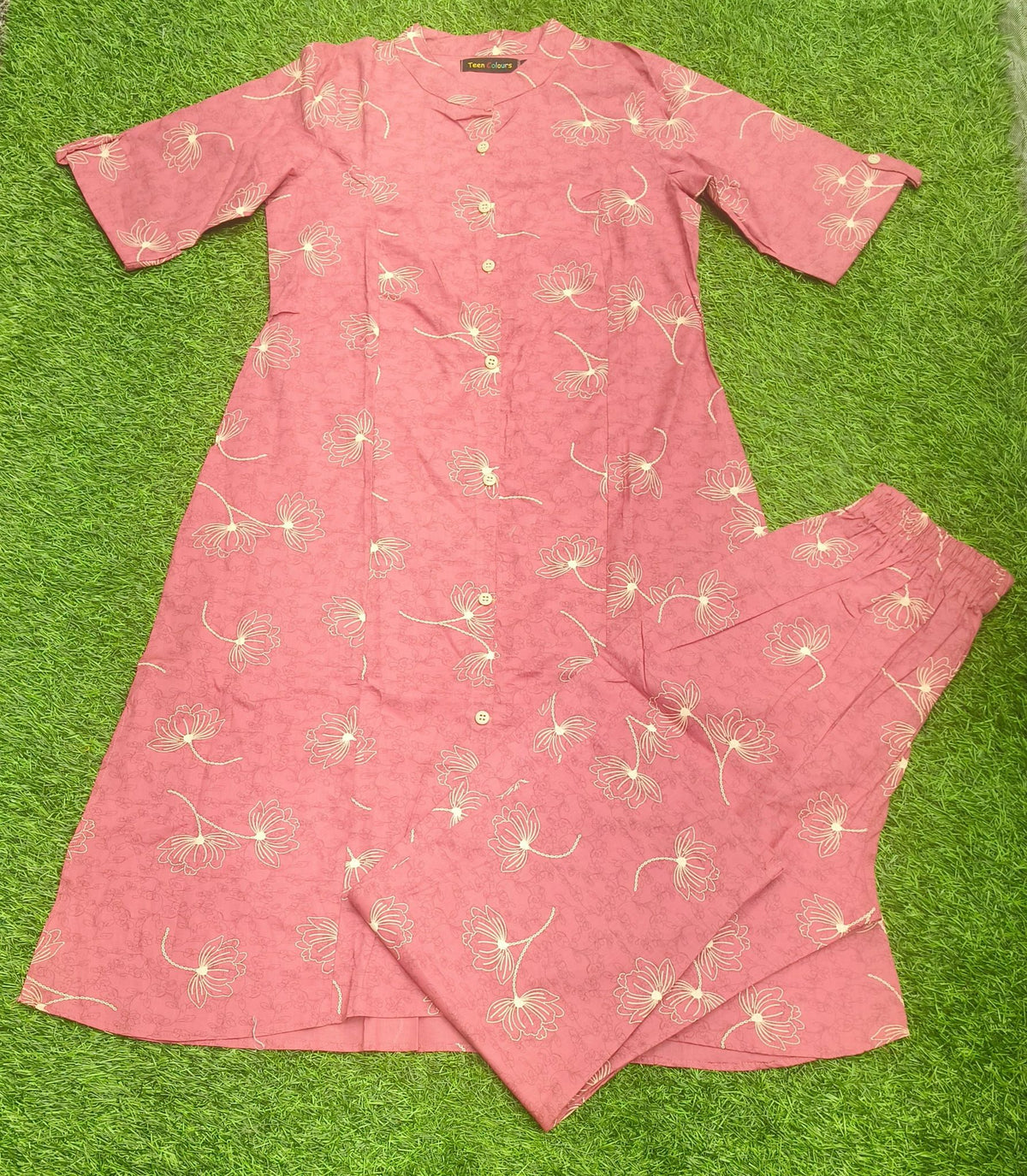 Women's Premium Dusty Pink Cotton Floral Print 2-Piece KurtiSet with Chinese Collar, Front Open Buttons, A-Line Princess Cut Top & Straight Pant