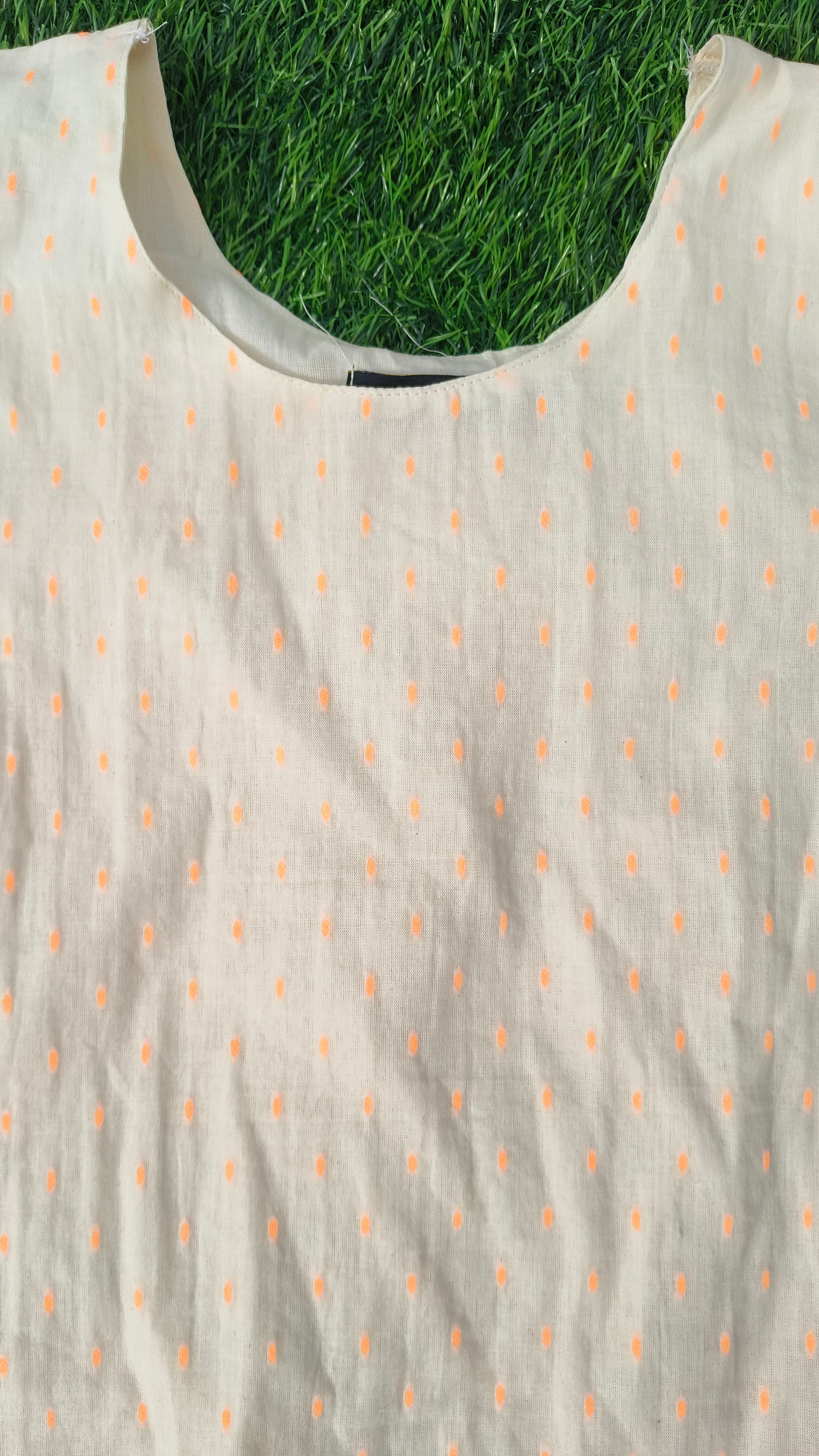 Women’s Light Cream & Orange Dotted Cotton Straight-Cut Kurthi with Elbow Sleeves & Pocket