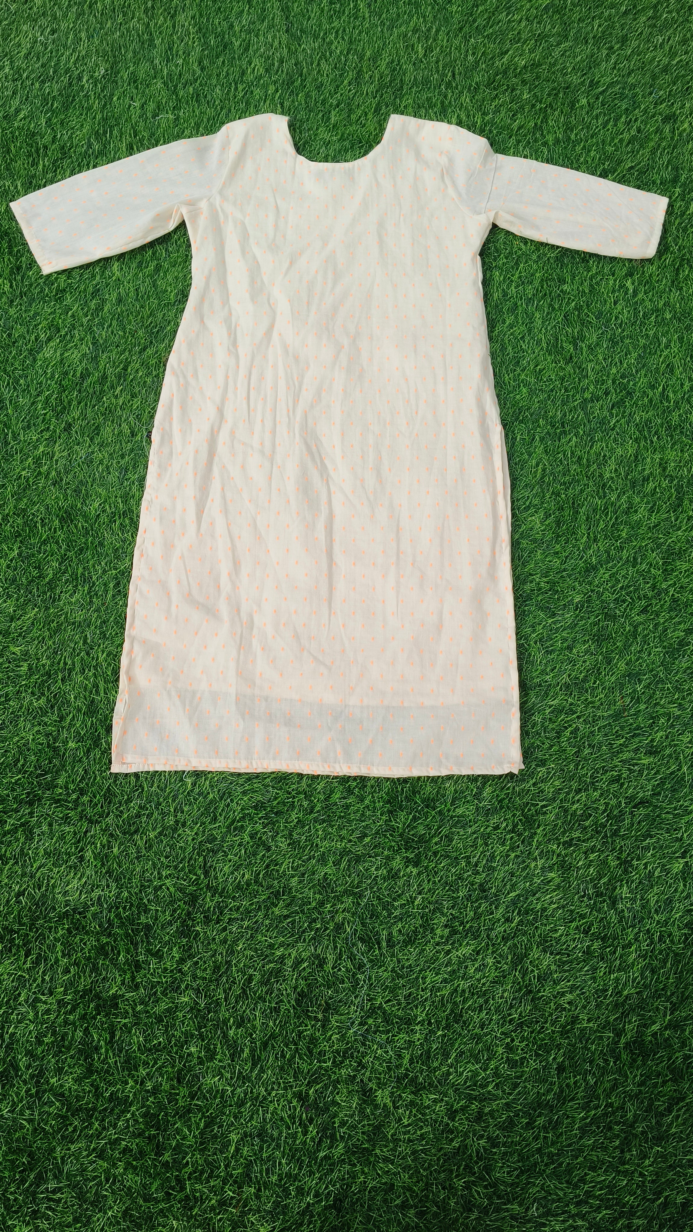Women’s Light Cream & Orange Dotted Cotton Straight-Cut Kurthi with Elbow Sleeves & Pocket