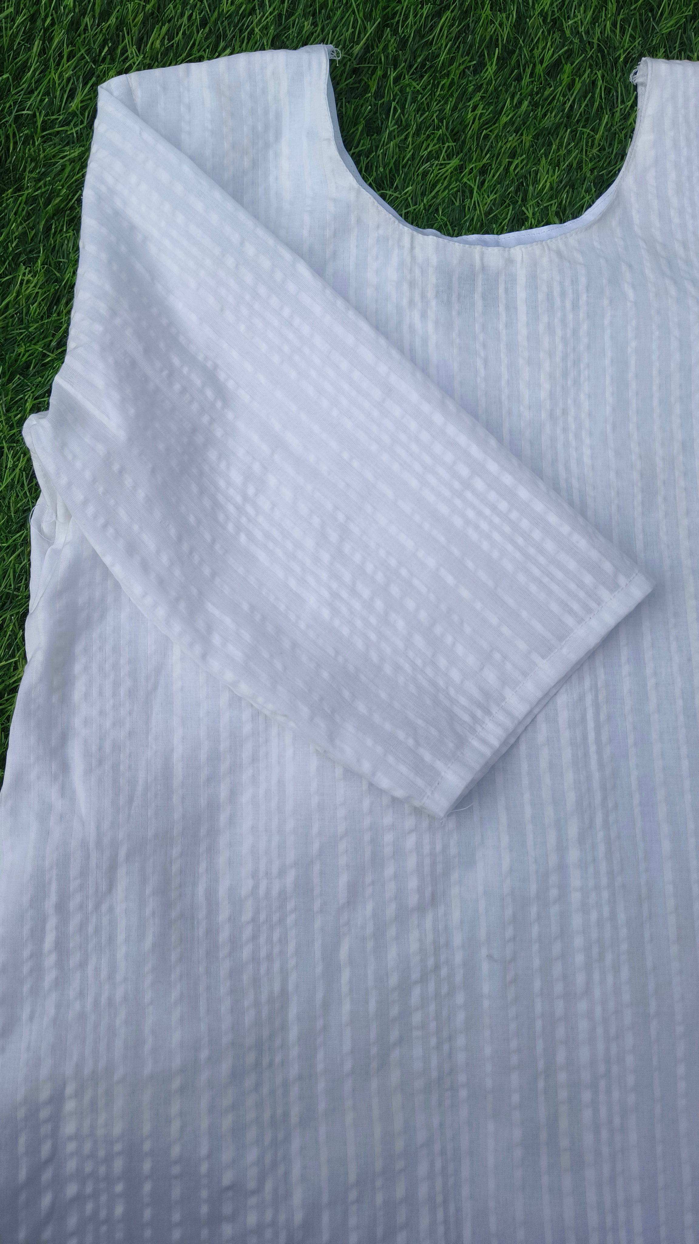 Women’s Pure White Self-Striped Textured Cotton Straight-Cut Kurthi with Elbow Sleeves & Pocket