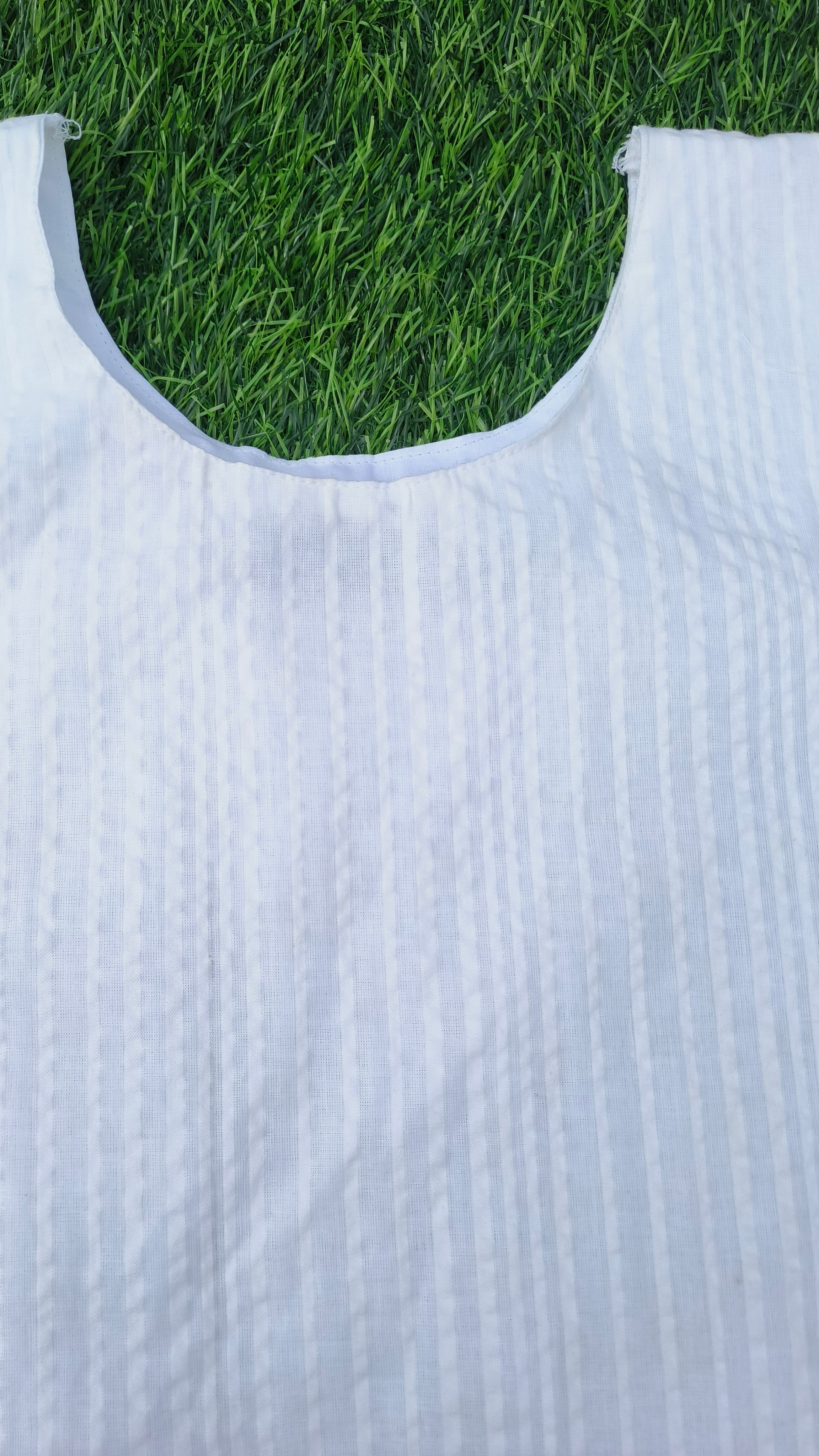 Women’s Pure White Self-Striped Textured Cotton Straight-Cut Kurthi with Elbow Sleeves & Pocket