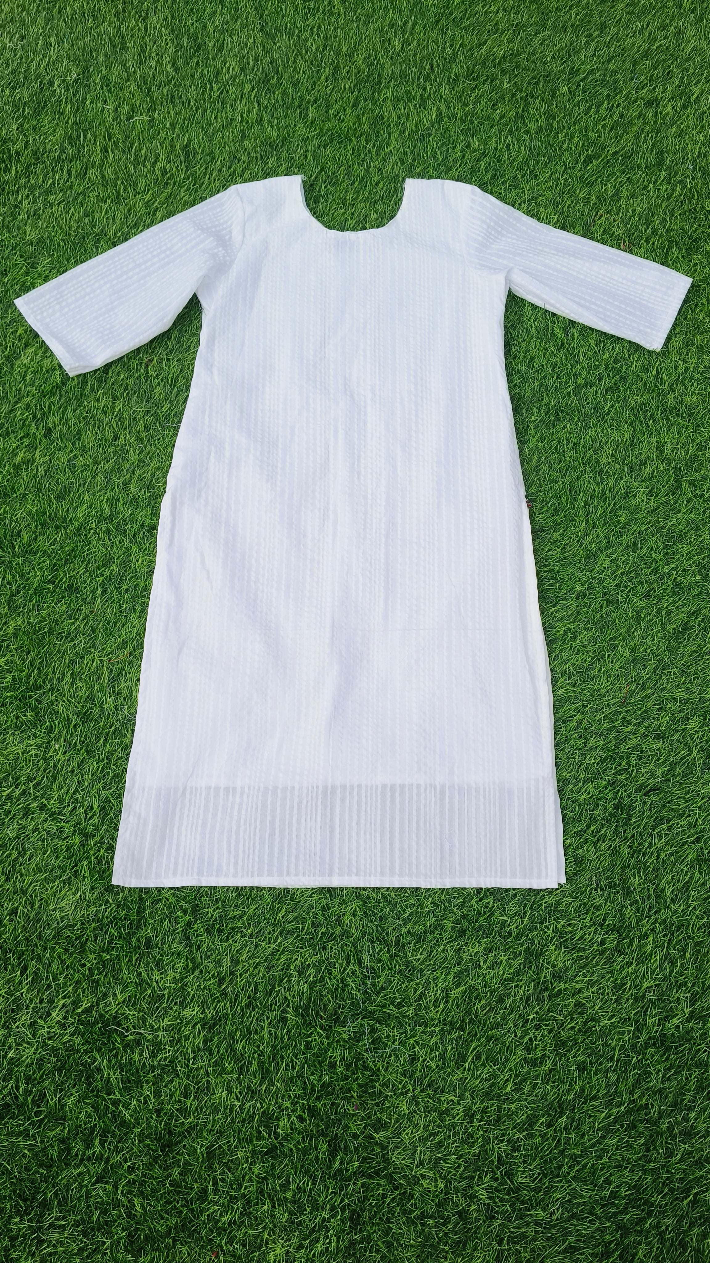 Women’s Pure White Self-Striped Textured Cotton Straight-Cut Kurthi with Elbow Sleeves & Pocket