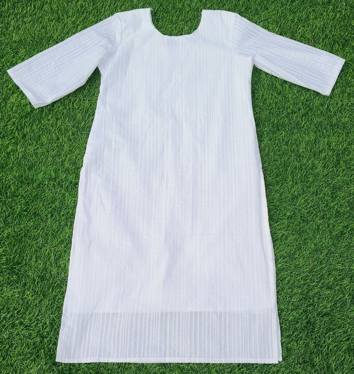 Women’s Pure White Self-Striped Textured Cotton Straight-Cut Kurthi with Elbow Sleeves & Pocket