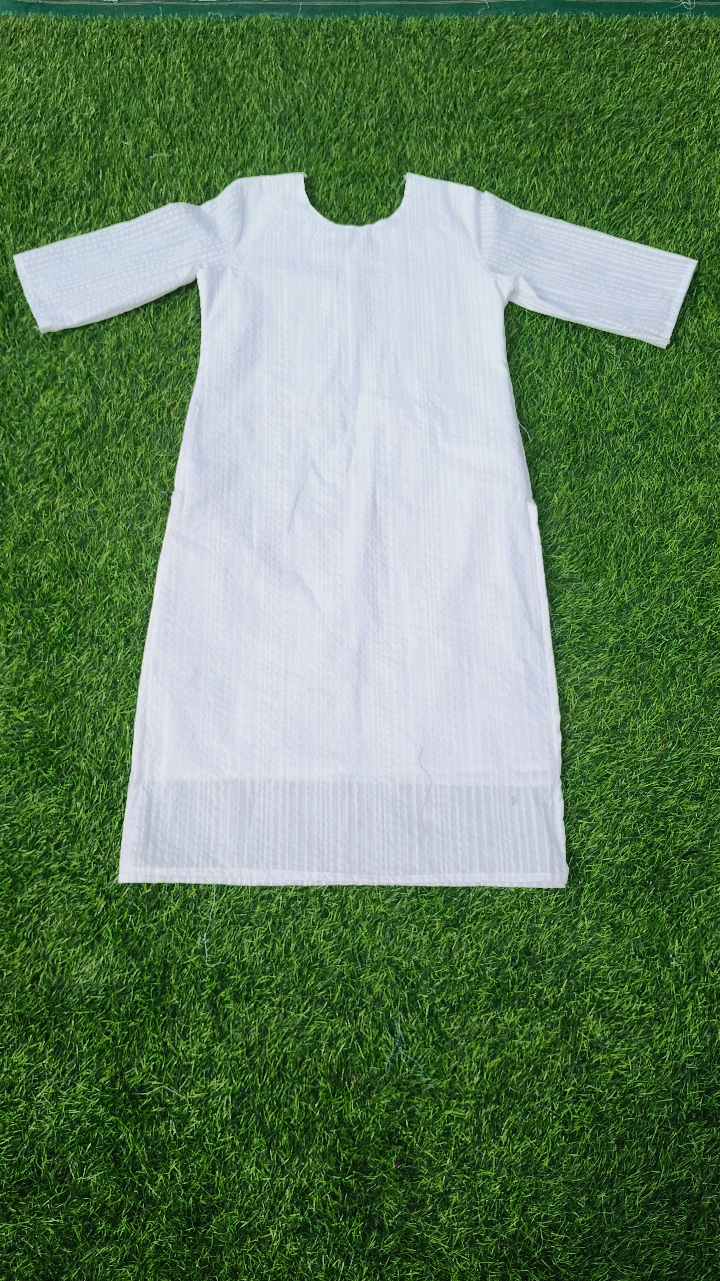 Women’s Pure White Self-Striped Textured Cotton Straight-Cut Kurthi with Elbow Sleeves & Pocket