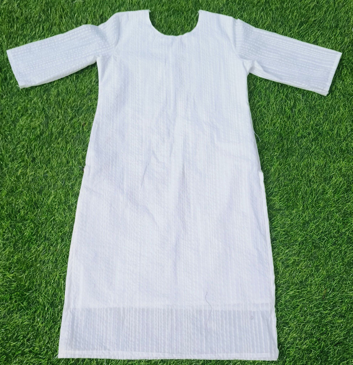 Women’s Pure White Self-Striped Textured Cotton Straight-Cut Kurthi with Elbow Sleeves & Pocket