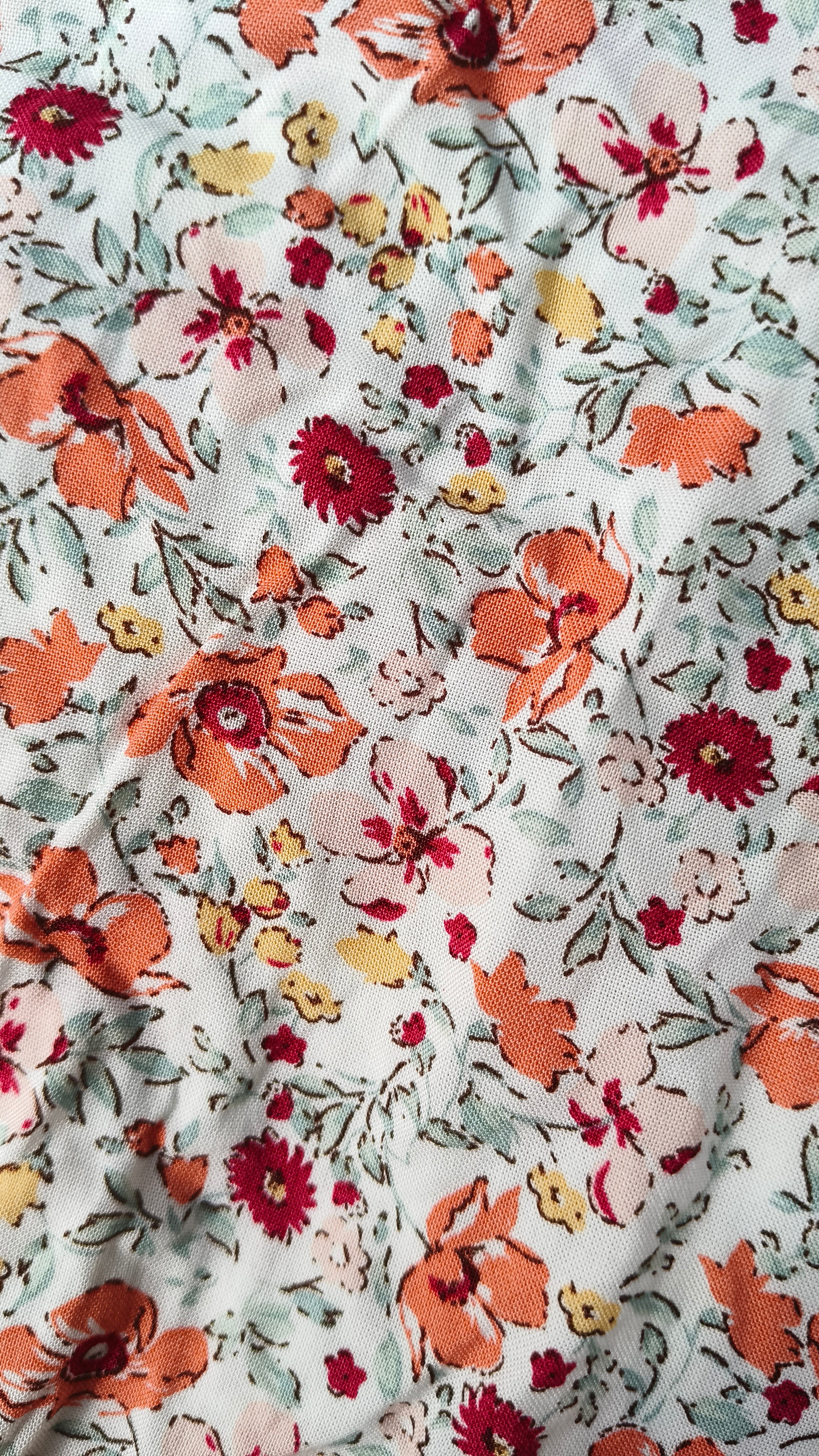 Womens Cream color  Floral Rayon Kurti - Orange and Magenta Small Flower Print, Round Neck, Elbow Sleeves, Straight Cut with Pocket