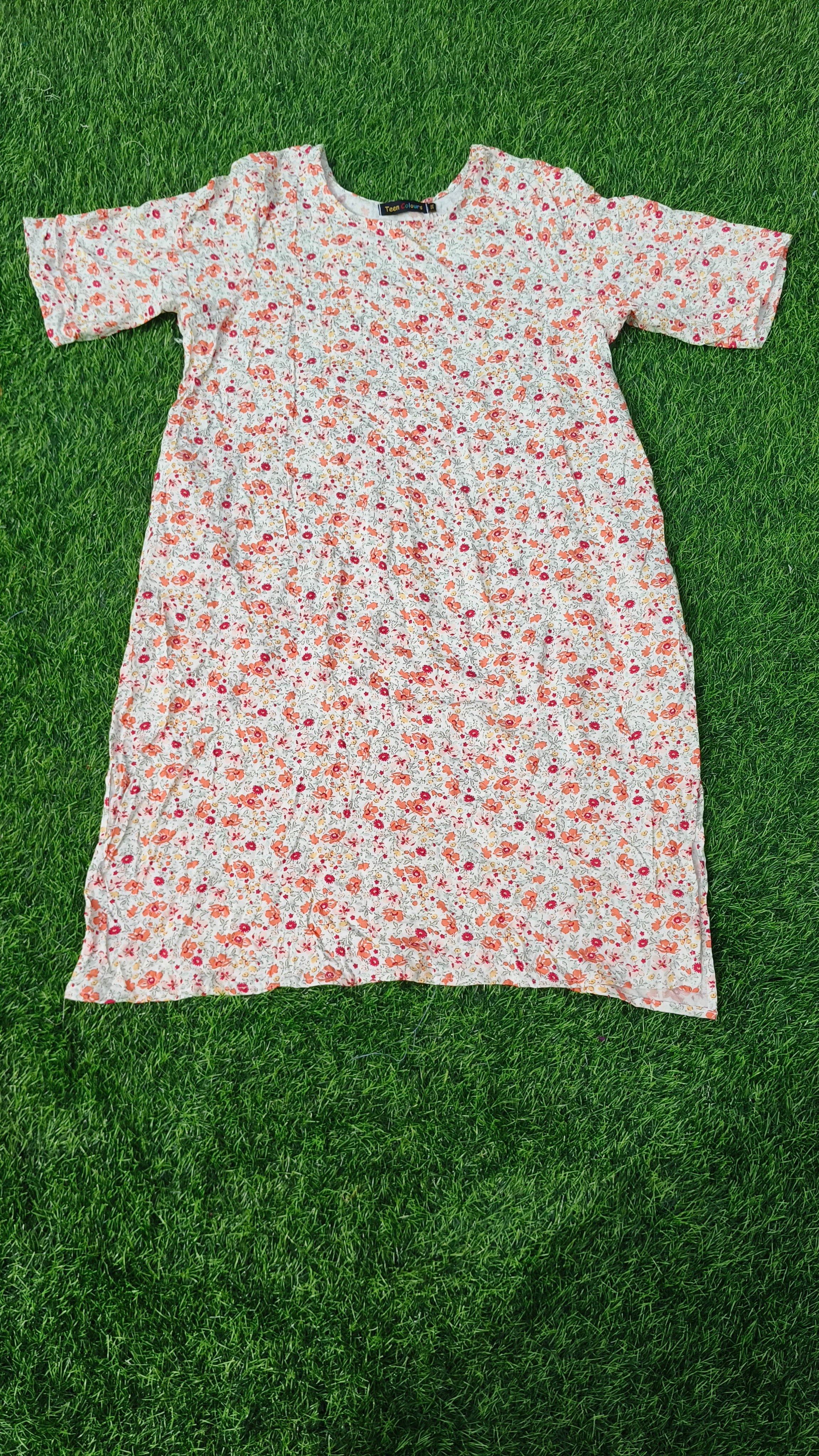 Womens Cream color  Floral Rayon Kurti - Orange and Magenta Small Flower Print, Round Neck, Elbow Sleeves, Straight Cut with Pocket