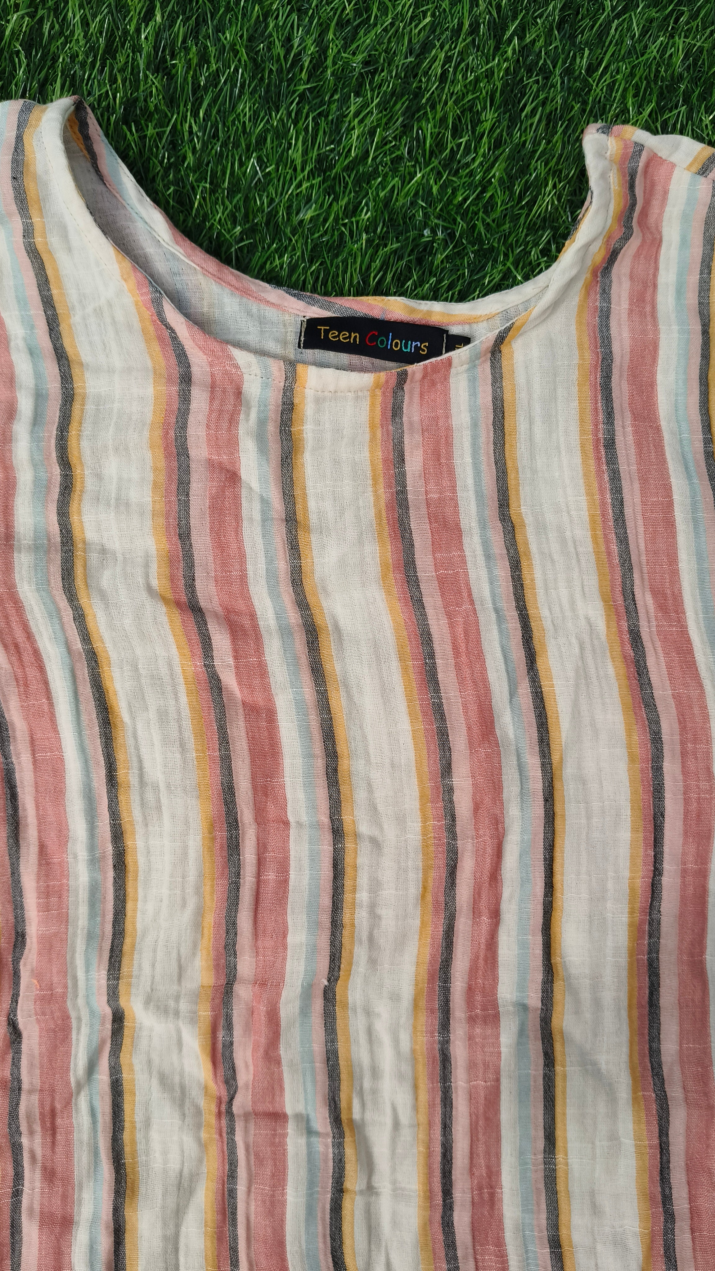 Women’s Cream Multicolour Striped Cotton Linen Straight-Cut Kurthi with Elbow Sleeves & Pocket
