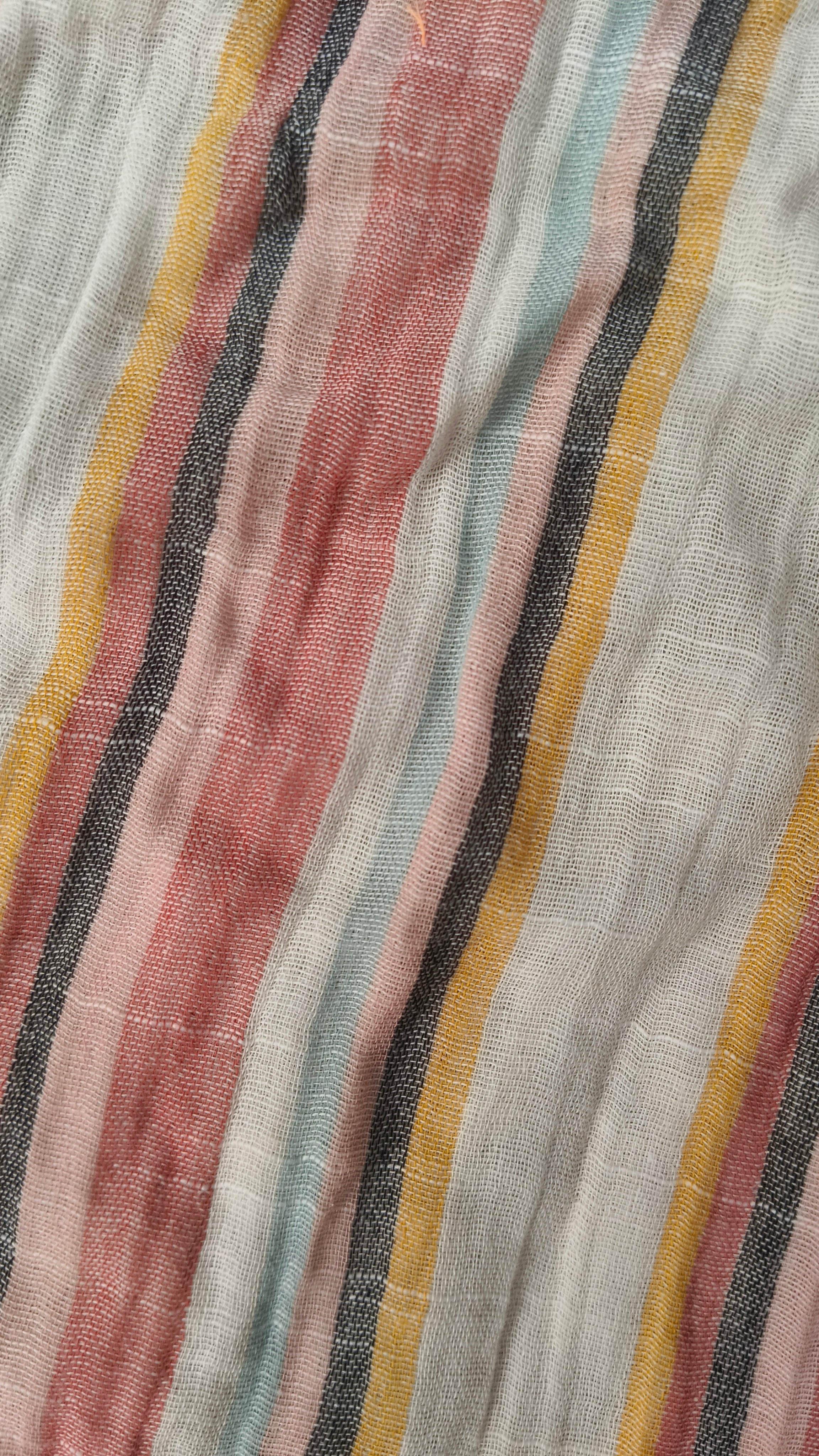 Women’s Cream Multicolour Striped Cotton Linen Straight-Cut Kurthi with Elbow Sleeves & Pocket