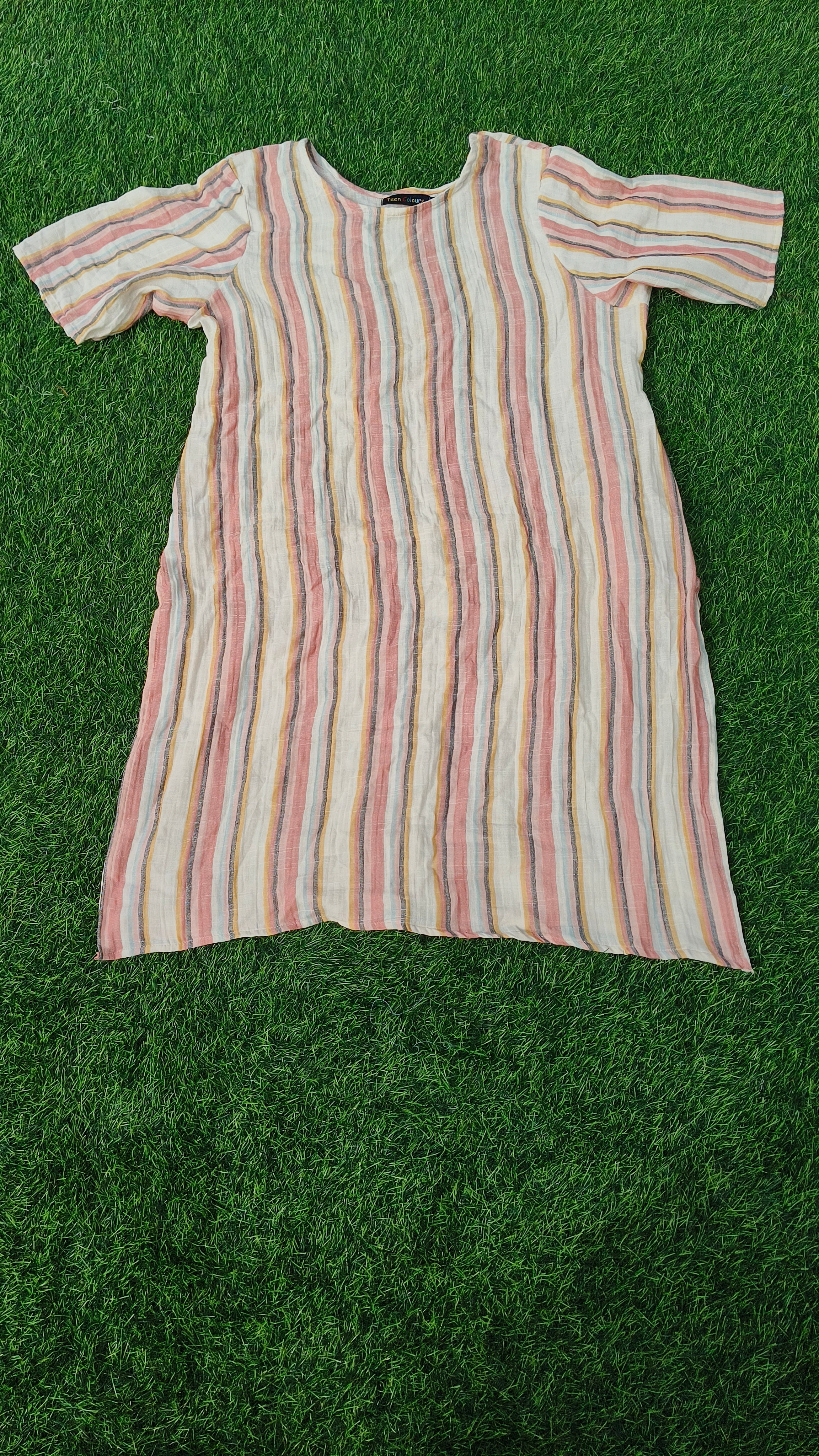 Women’s Cream Multicolour Striped Cotton Linen Straight-Cut Kurthi with Elbow Sleeves & Pocket