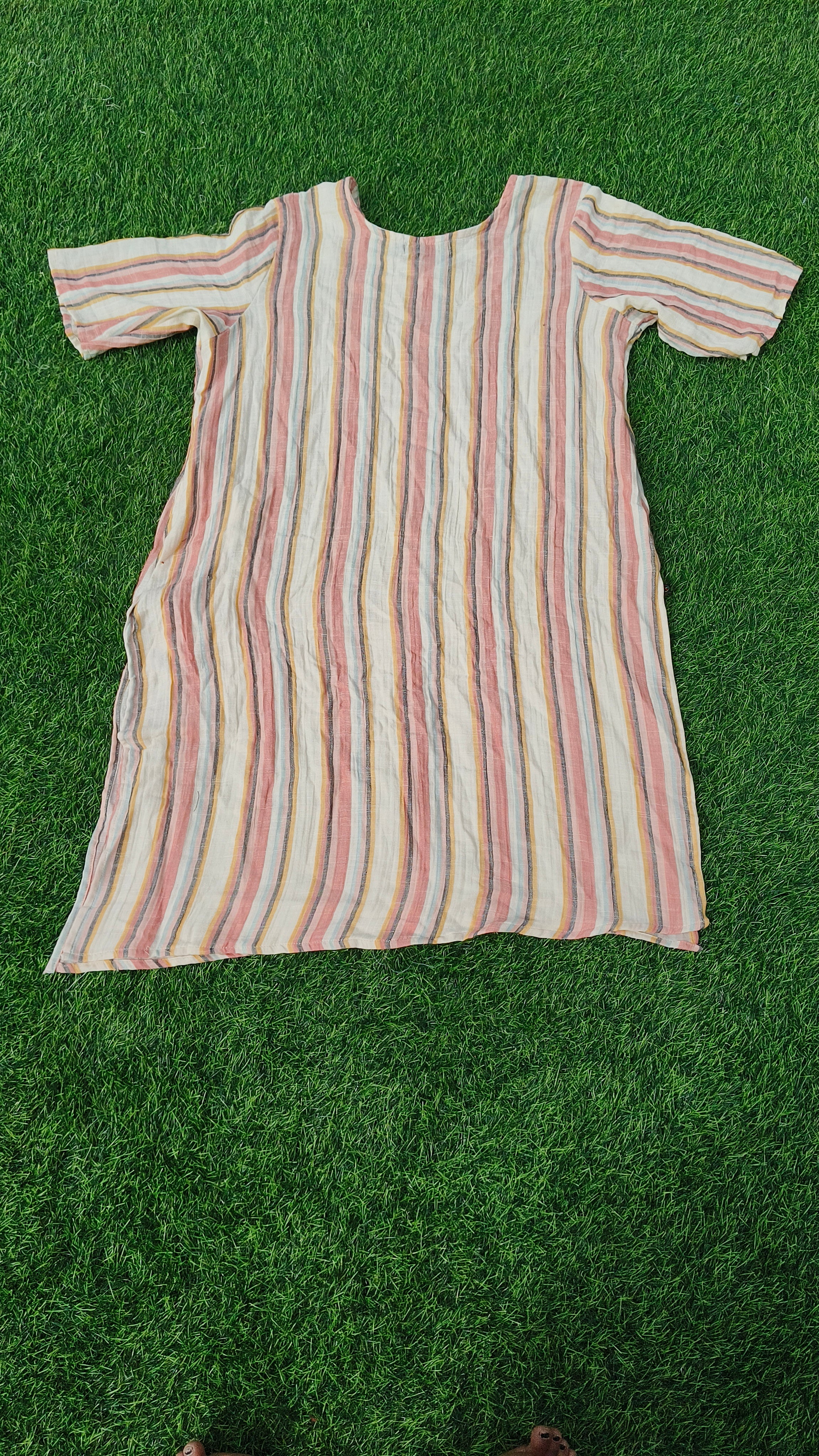 Women’s Cream Multicolour Striped Cotton Linen Straight-Cut Kurthi with Elbow Sleeves & Pocket