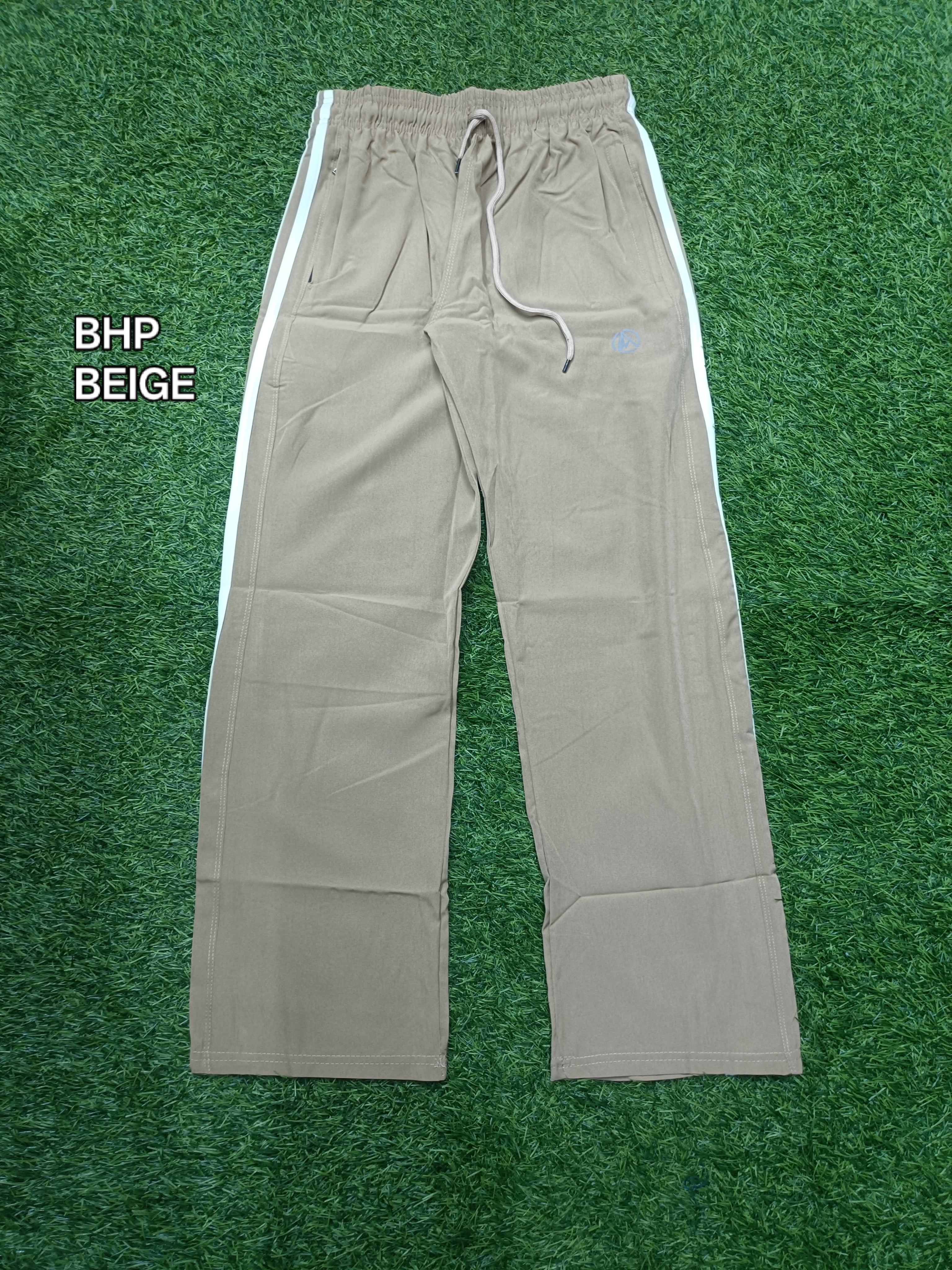 Men's Beige Track Pant - White Side Stripe - 2 Zipper Pockets